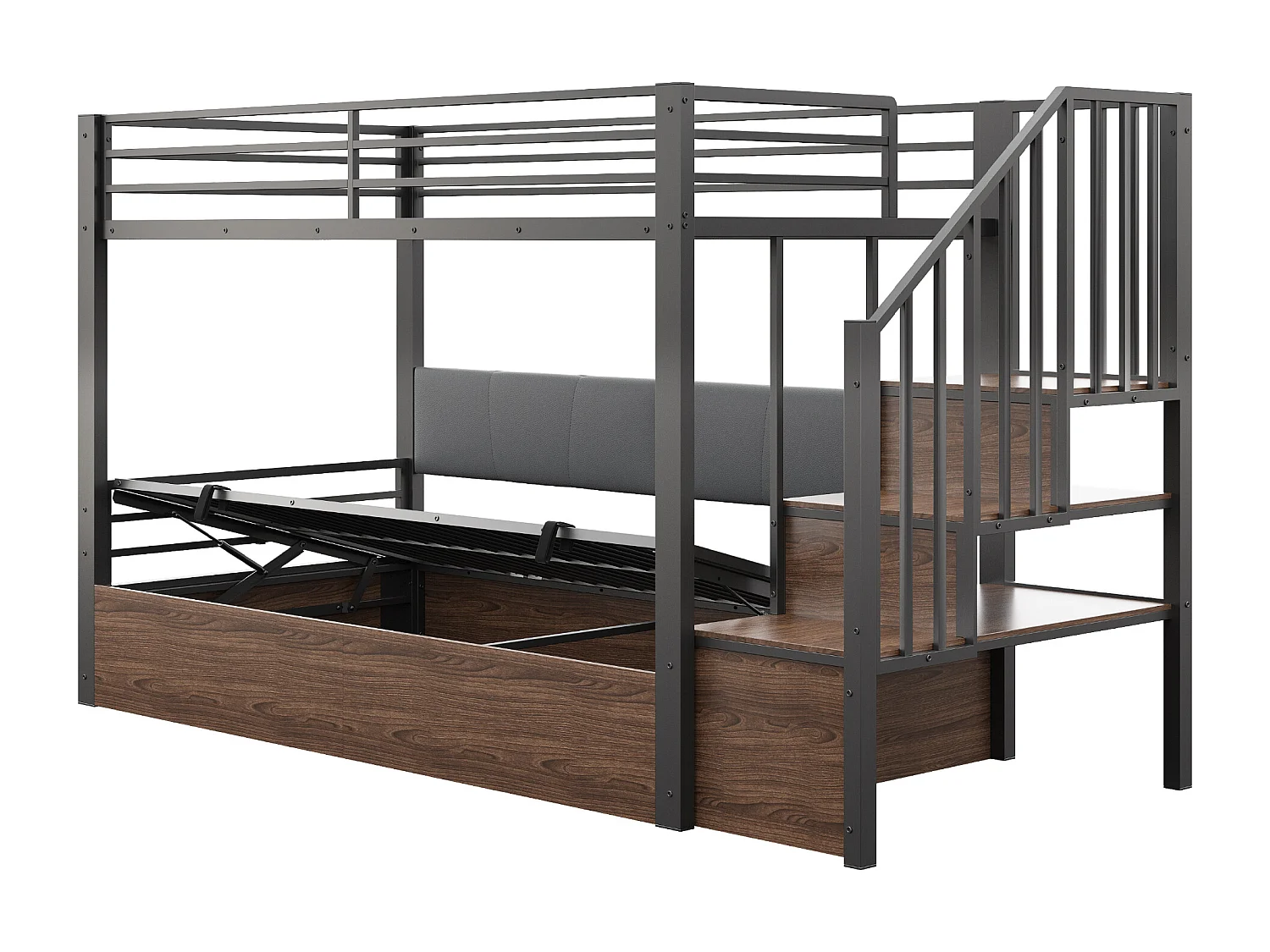 Etagenbett aus Schmiedeeisen 90x200 cm - gepolsterte Rückenlehne - mit Stauraum - mit Sicherheitsleiter - schwarz​ (Matratze nicht inbegriffen)