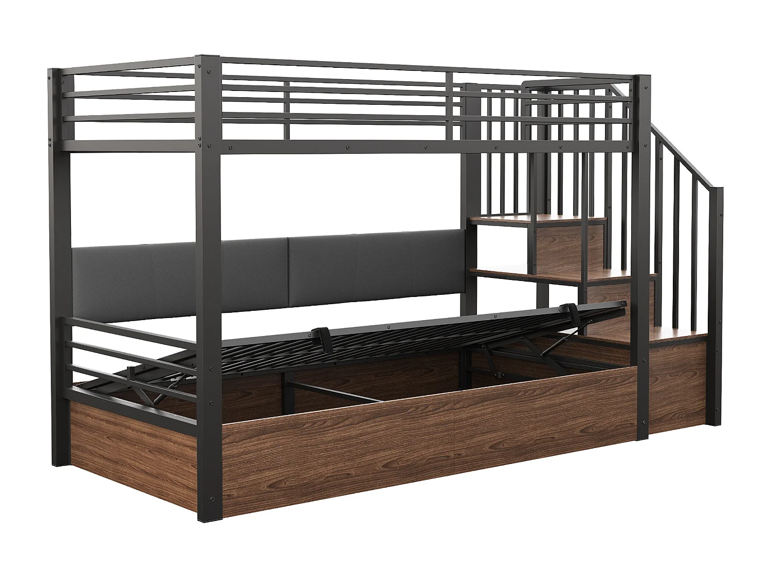 Etagenbett aus Schmiedeeisen 90x200 cm - gepolsterte Rückenlehne - mit Stauraum - mit Sicherheitsleiter - schwarz​ (Matratze nicht inbegriffen)