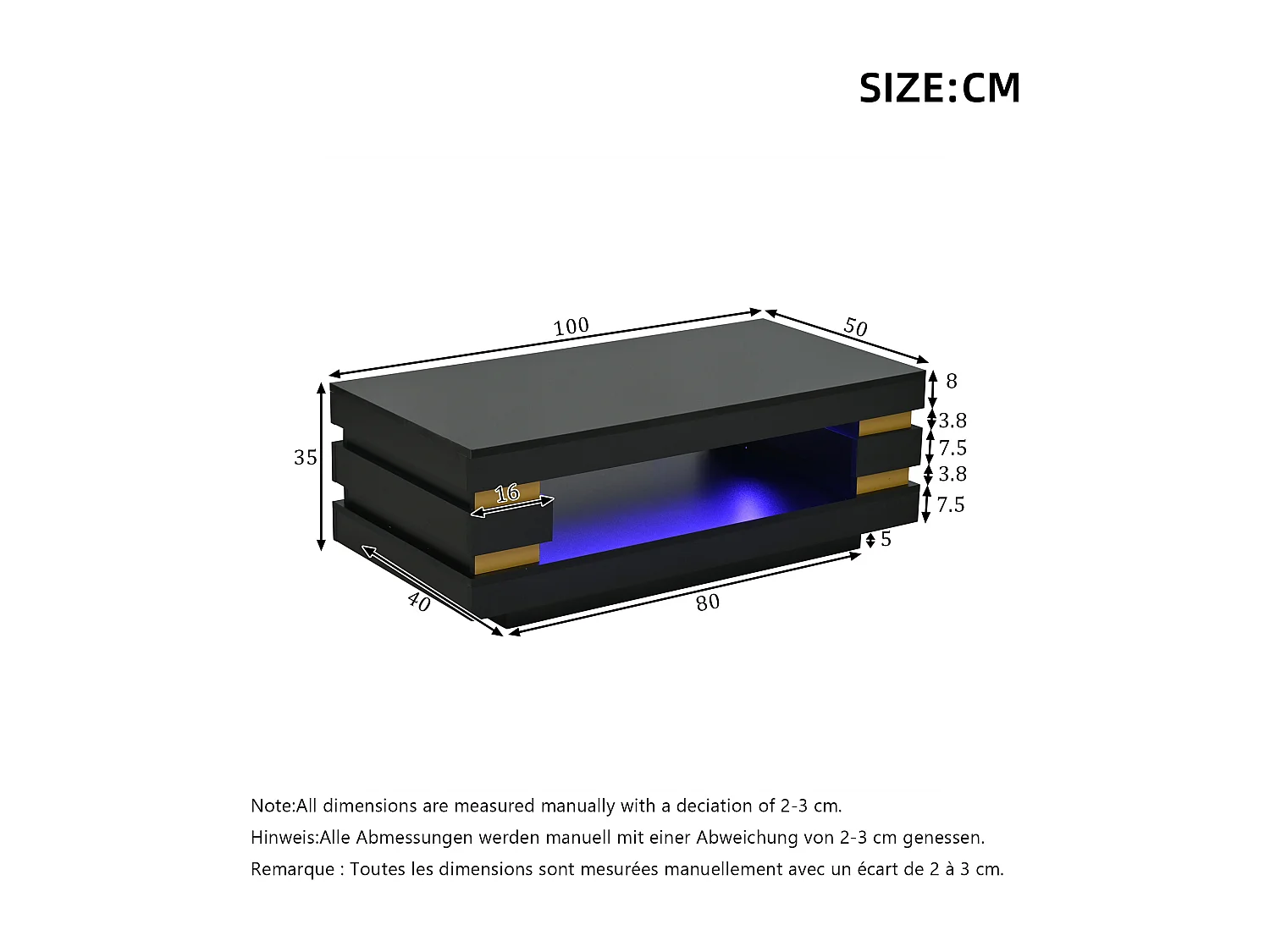 Beistelltisch 100x50x35 cm mit LED-Beleuchtung - Hochglanz-Finish - Durchbrochenes Design - Spanplatten - Schwarz