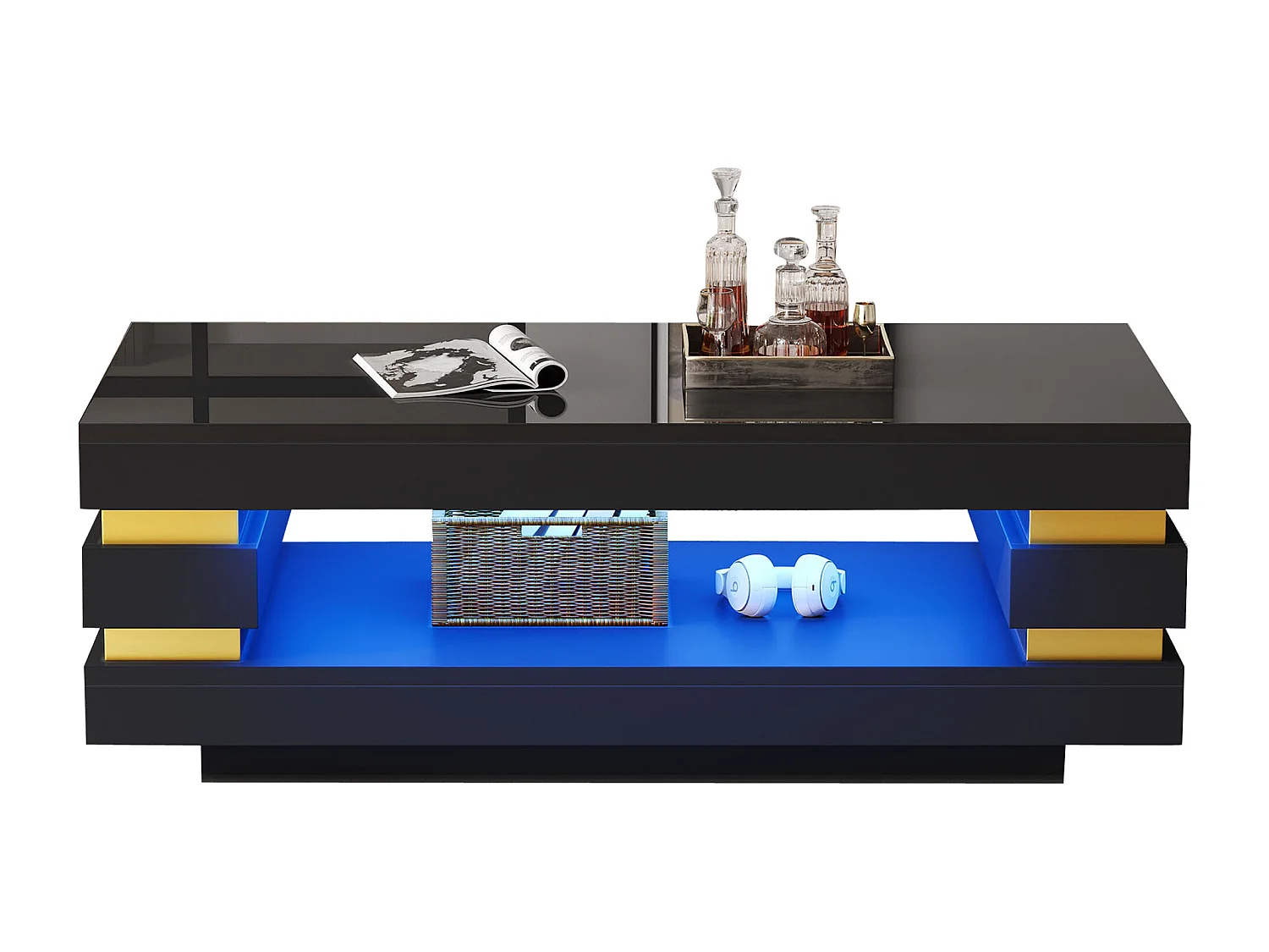 Beistelltisch 100x50x35 cm mit LED-Beleuchtung - Hochglanz-Finish - Durchbrochenes Design - Spanplatten - Schwarz