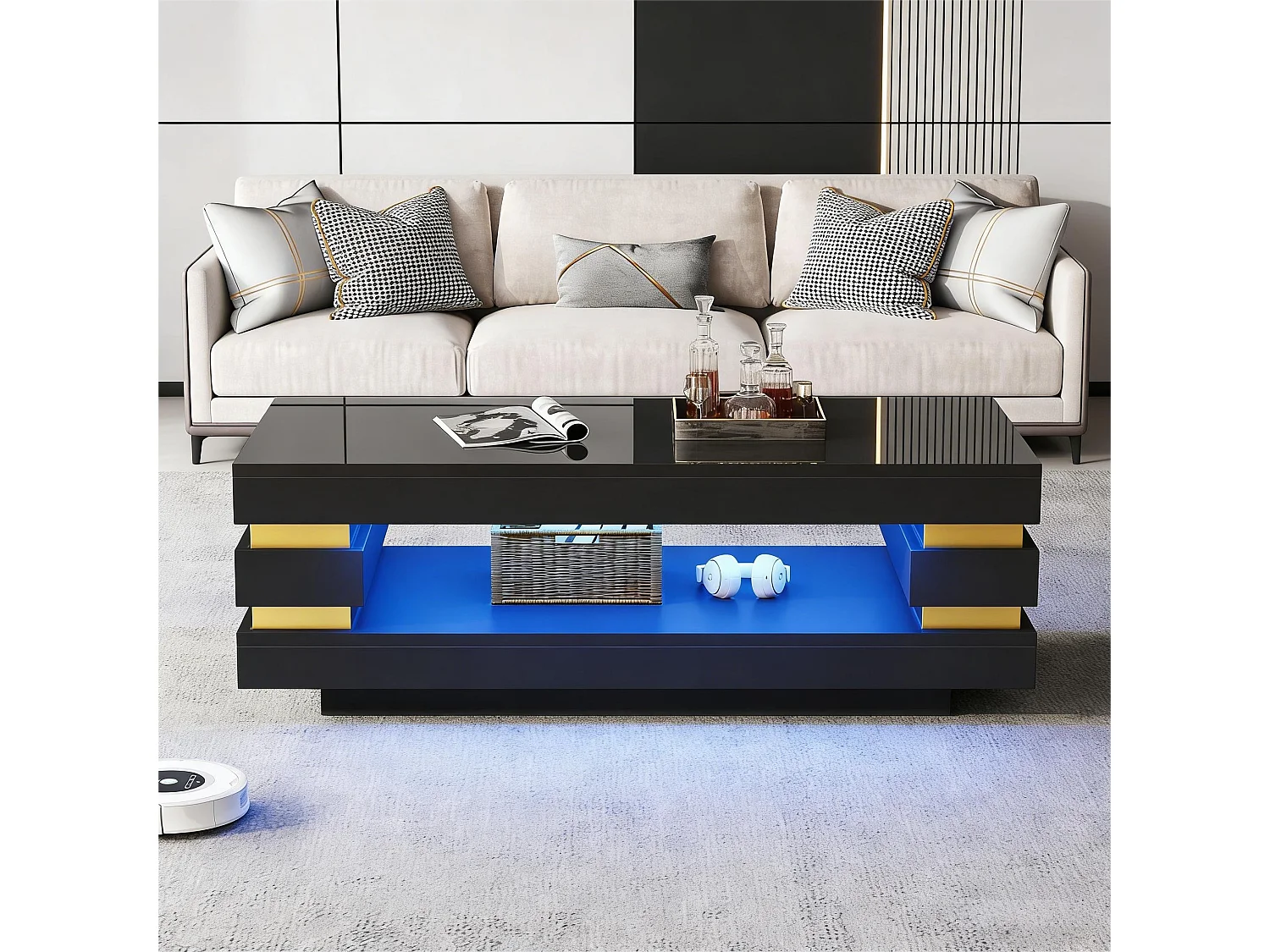 Beistelltisch 100x50x35 cm mit LED-Beleuchtung - Hochglanz-Finish - Durchbrochenes Design - Spanplatten - Schwarz