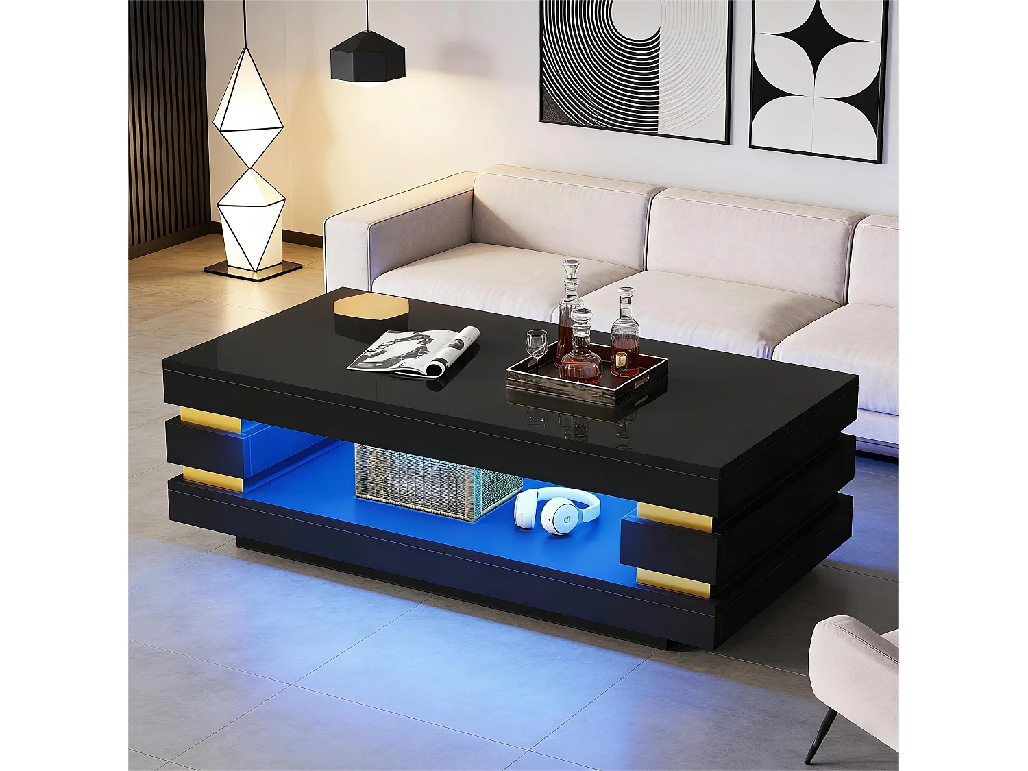 Beistelltisch 100x50x35 cm mit LED-Beleuchtung - Hochglanz-Finish - Durchbrochenes Design - Spanplatten - Schwarz