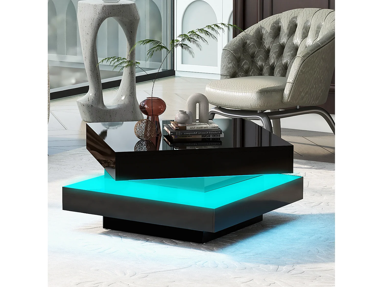 Drehbarer Beistelltisch 70x70x36 cm - Drehbarer Tischplatte 360° - LED-Beleuchtung - Spanplatten - Schwarz