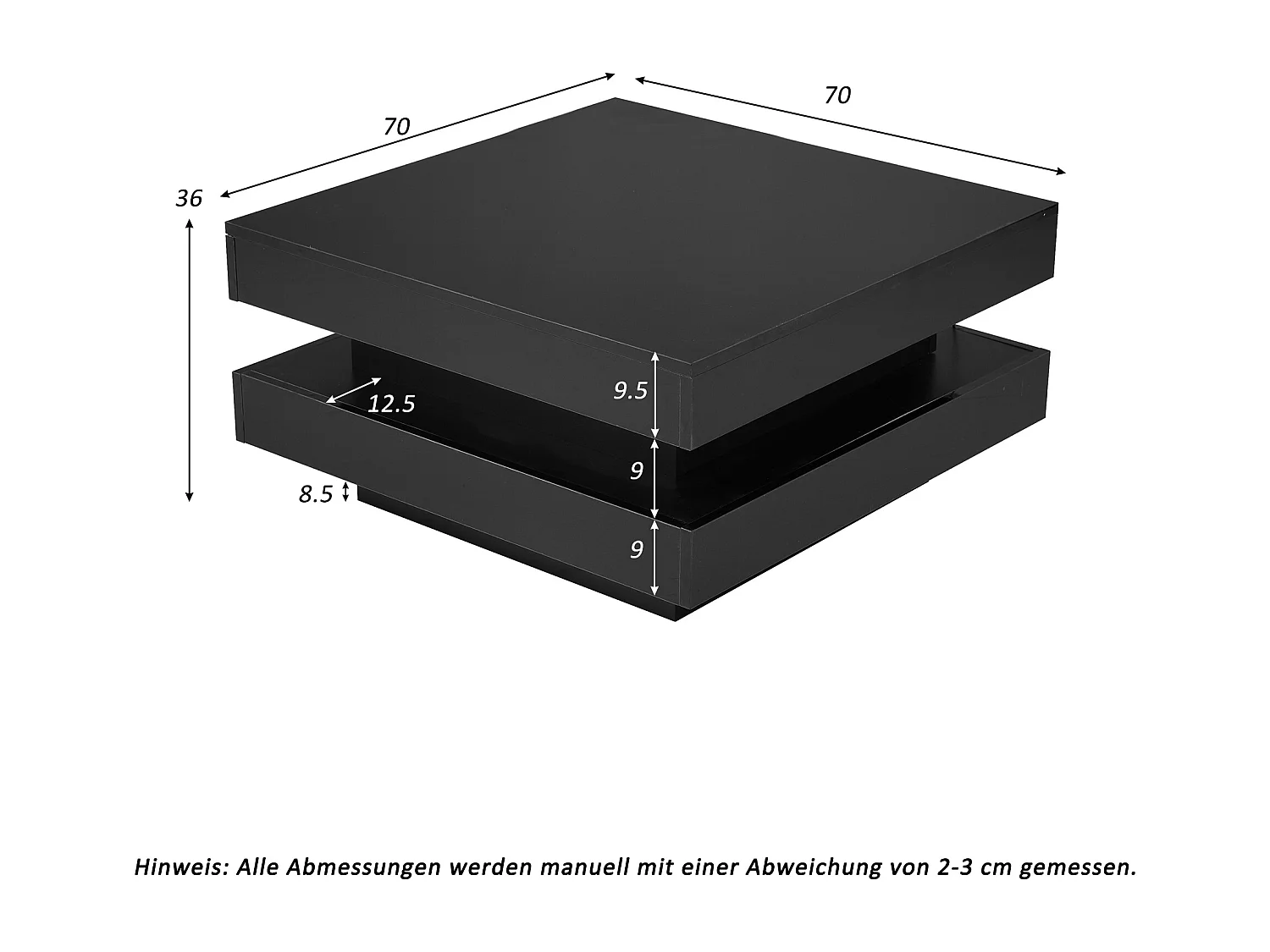Drehbarer Beistelltisch 70x70x36 cm - Drehbarer Tischplatte 360° - LED-Beleuchtung - Spanplatten - Schwarz