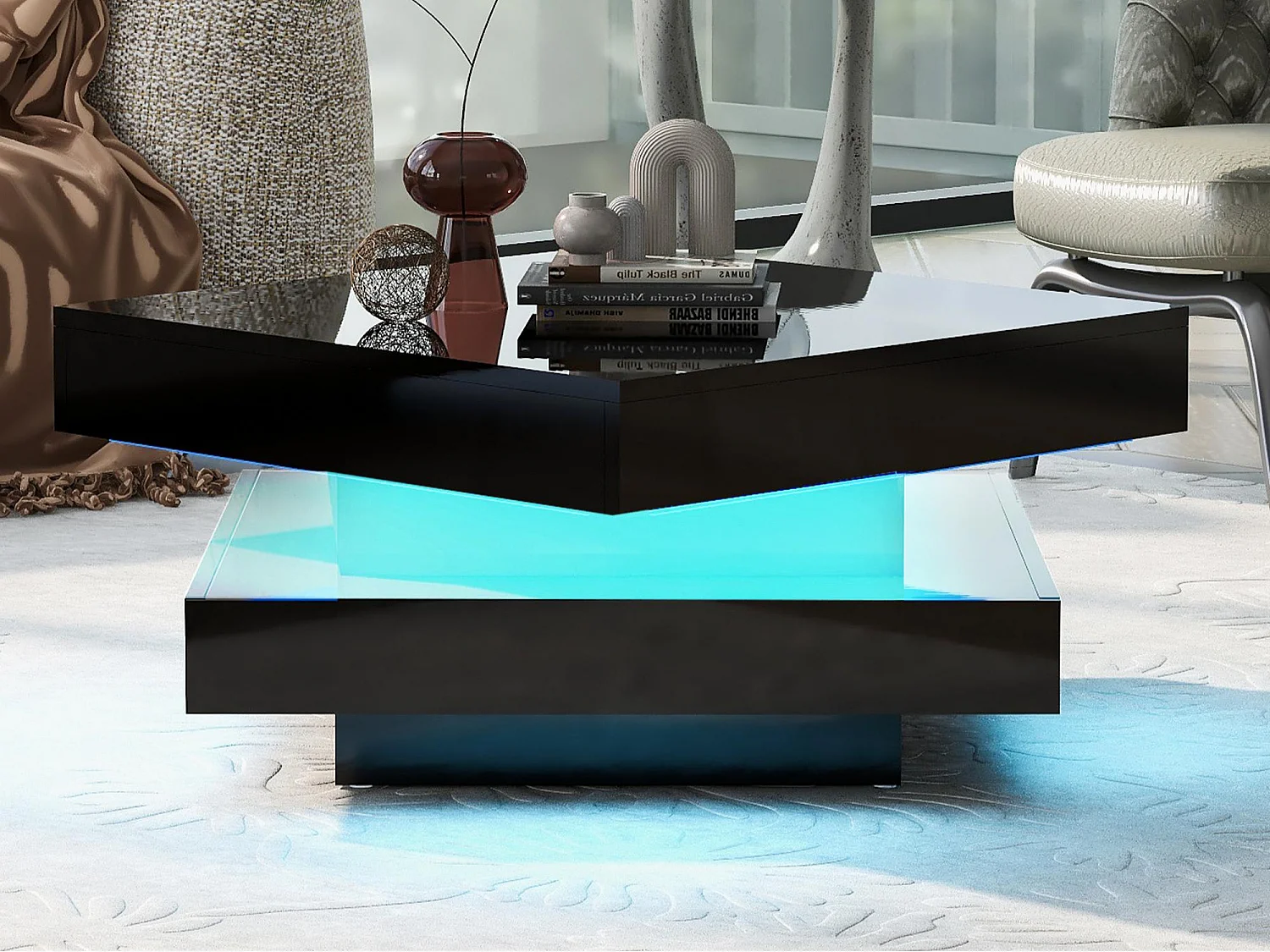 Table basse pivotante 70x70x36 cm - Plateau pivotant à 360° - Éclairage LED - Panneaux de particules - Noir