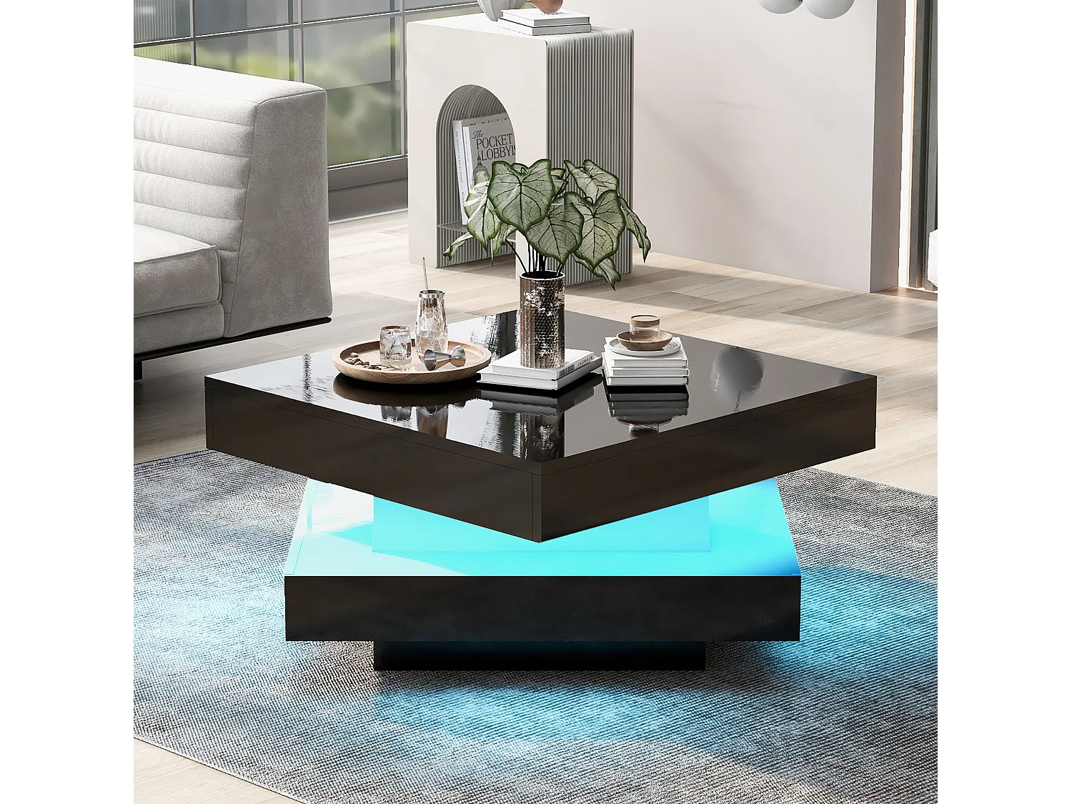 Table basse pivotante 70x70x36 cm - Plateau pivotant à 360° - Éclairage LED - Panneaux de particules - Noir
