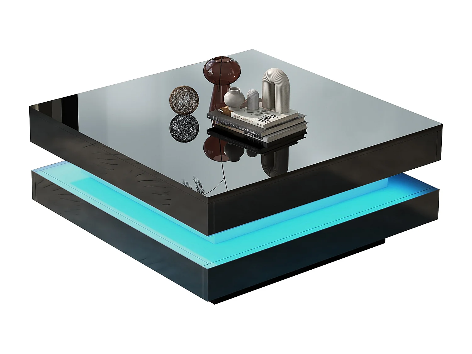 Table basse pivotante 70x70x36 cm - Plateau pivotant à 360° - Éclairage LED - Panneaux de particules - Noir