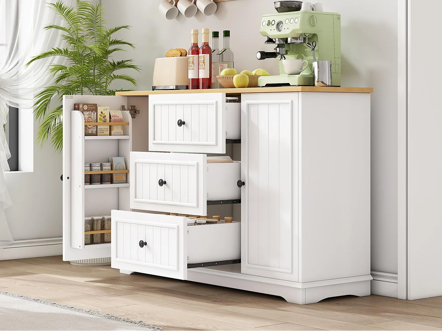 Buffet moderne 126x40x86cm - avec tiroirs et étagère à épices - avec 2 portes - Naturel + Blanc