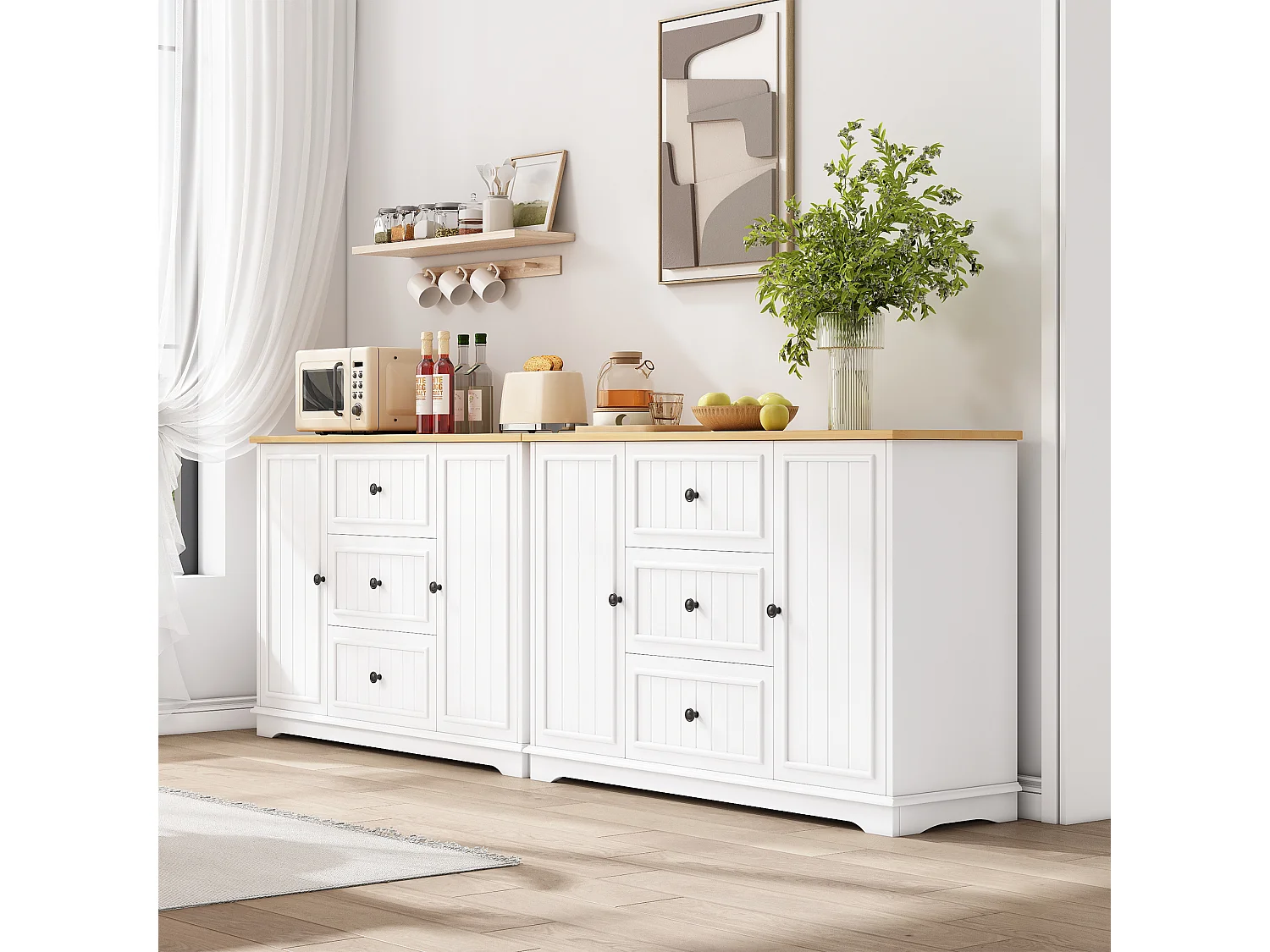 Buffet moderne 126x40x86cm - avec tiroirs et étagère à épices - avec 2 portes - Naturel + Blanc
