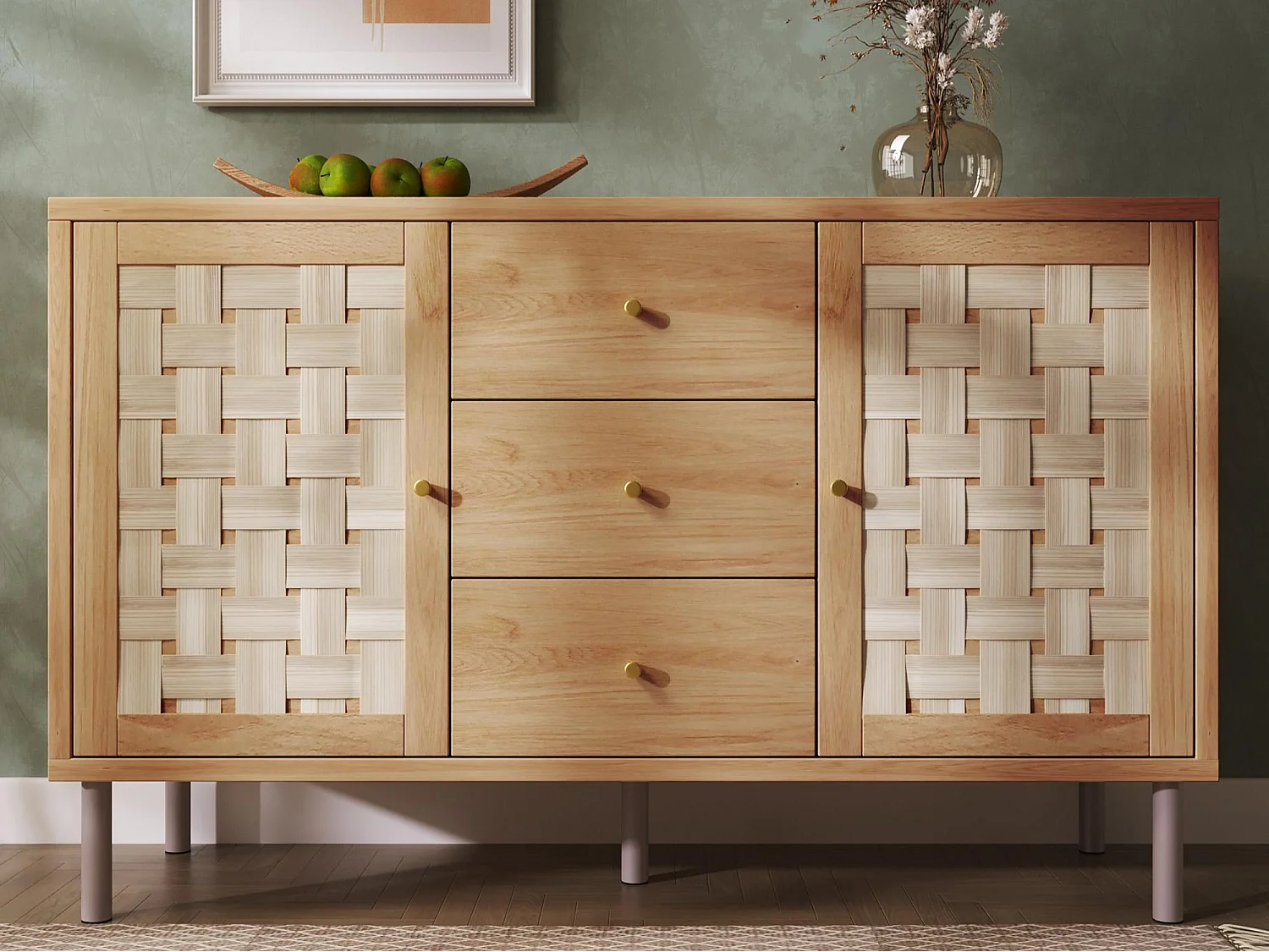 Buffet 120x40x70cm - avec 3 tiroirs et 2 portes - aspect rotin - style campagnard - avec des étagères réglables - couleur chêne