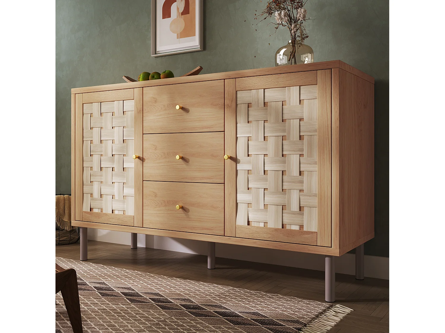 Buffet 120x40x70cm - avec 3 tiroirs et 2 portes - aspect rotin - style campagnard - avec des étagères réglables - couleur chêne