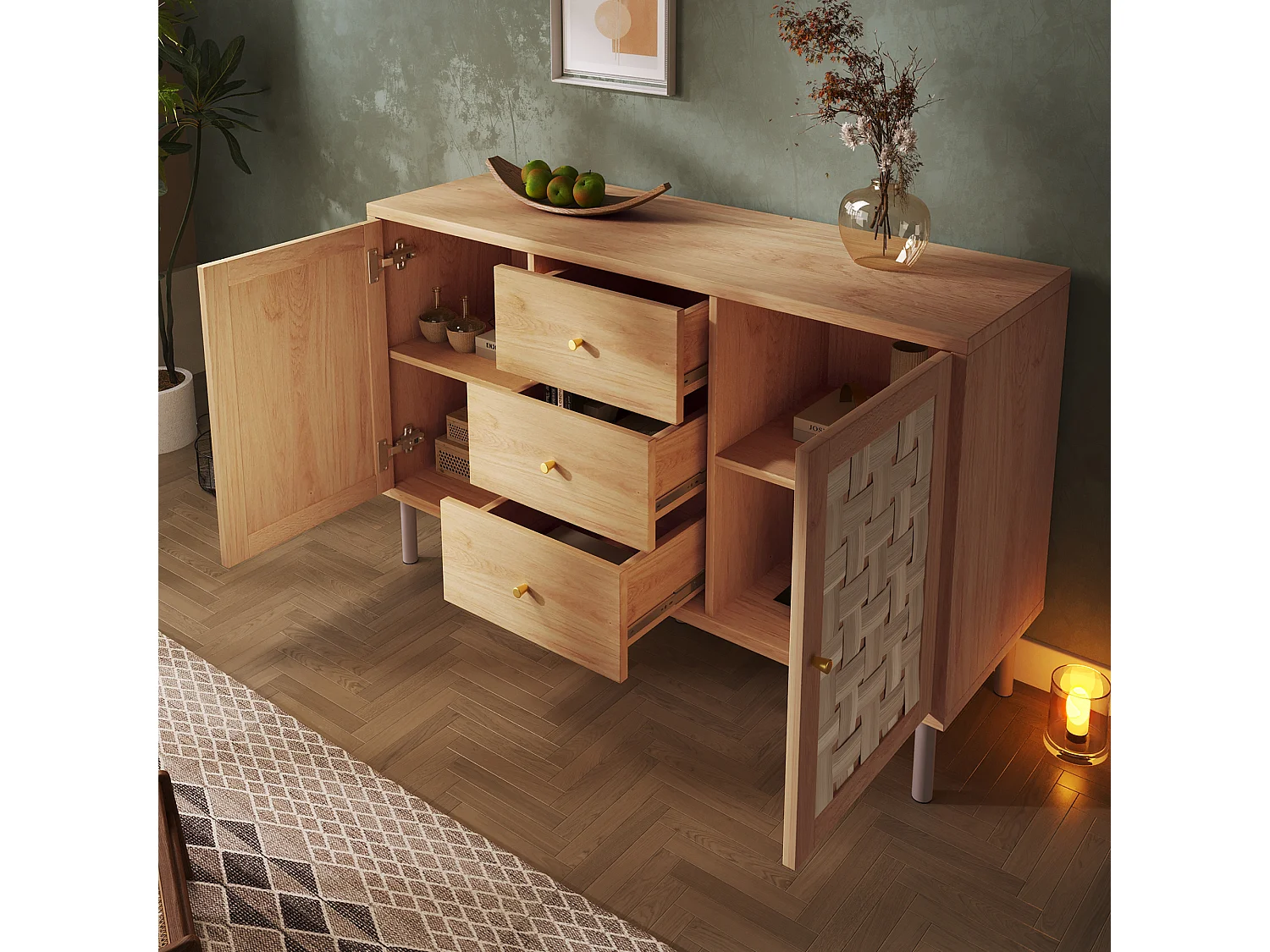 Buffet 120x40x70cm - avec 3 tiroirs et 2 portes - aspect rotin - style campagnard - avec des étagères réglables - couleur chêne