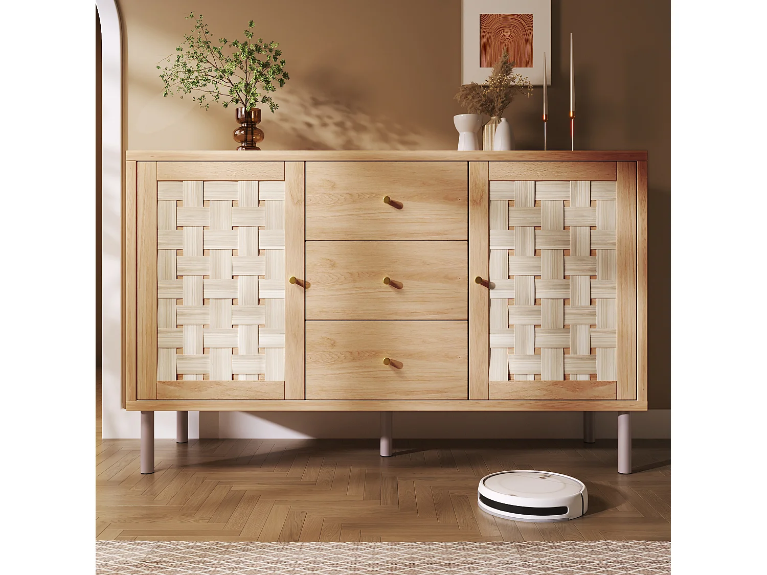 Buffet 120x40x70cm - avec 3 tiroirs et 2 portes - aspect rotin - style campagnard - avec des étagères réglables - couleur chêne