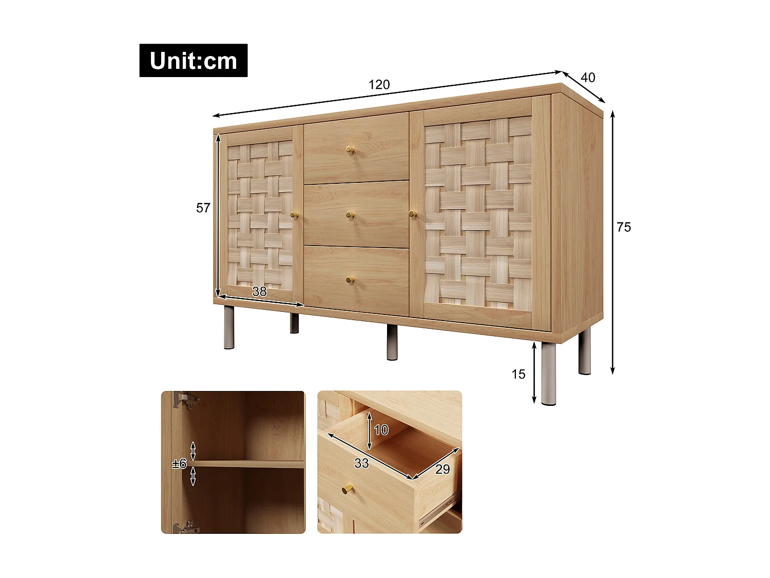 Buffet 120x40x70cm - avec 3 tiroirs et 2 portes - aspect rotin - style campagnard - avec des étagères réglables - couleur chêne