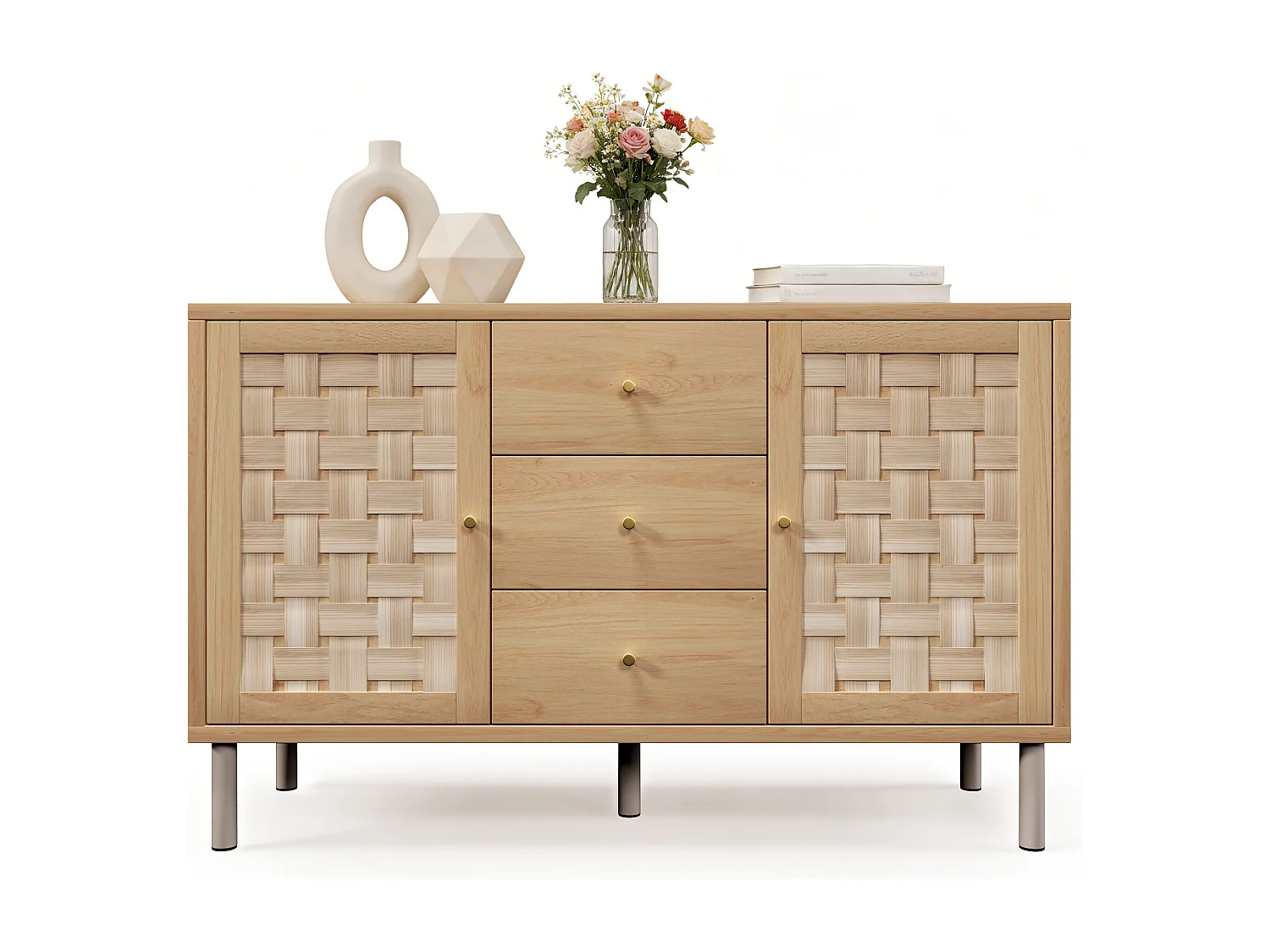 Buffet 120x40x70cm - avec 3 tiroirs et 2 portes - aspect rotin - style campagnard - avec des étagères réglables - couleur chêne