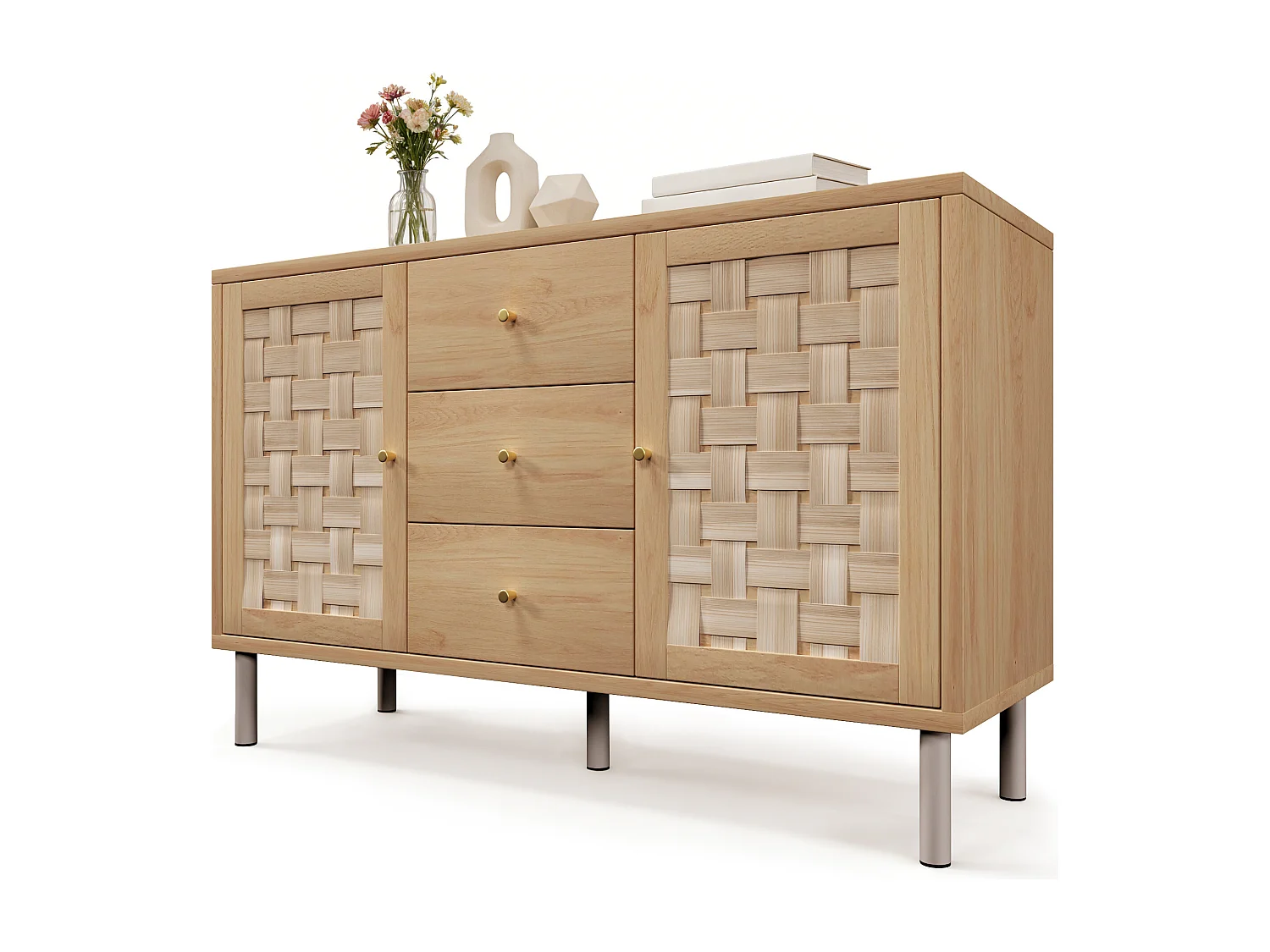 Buffet 120x40x70cm - avec 3 tiroirs et 2 portes - aspect rotin - style campagnard - avec des étagères réglables - couleur chêne