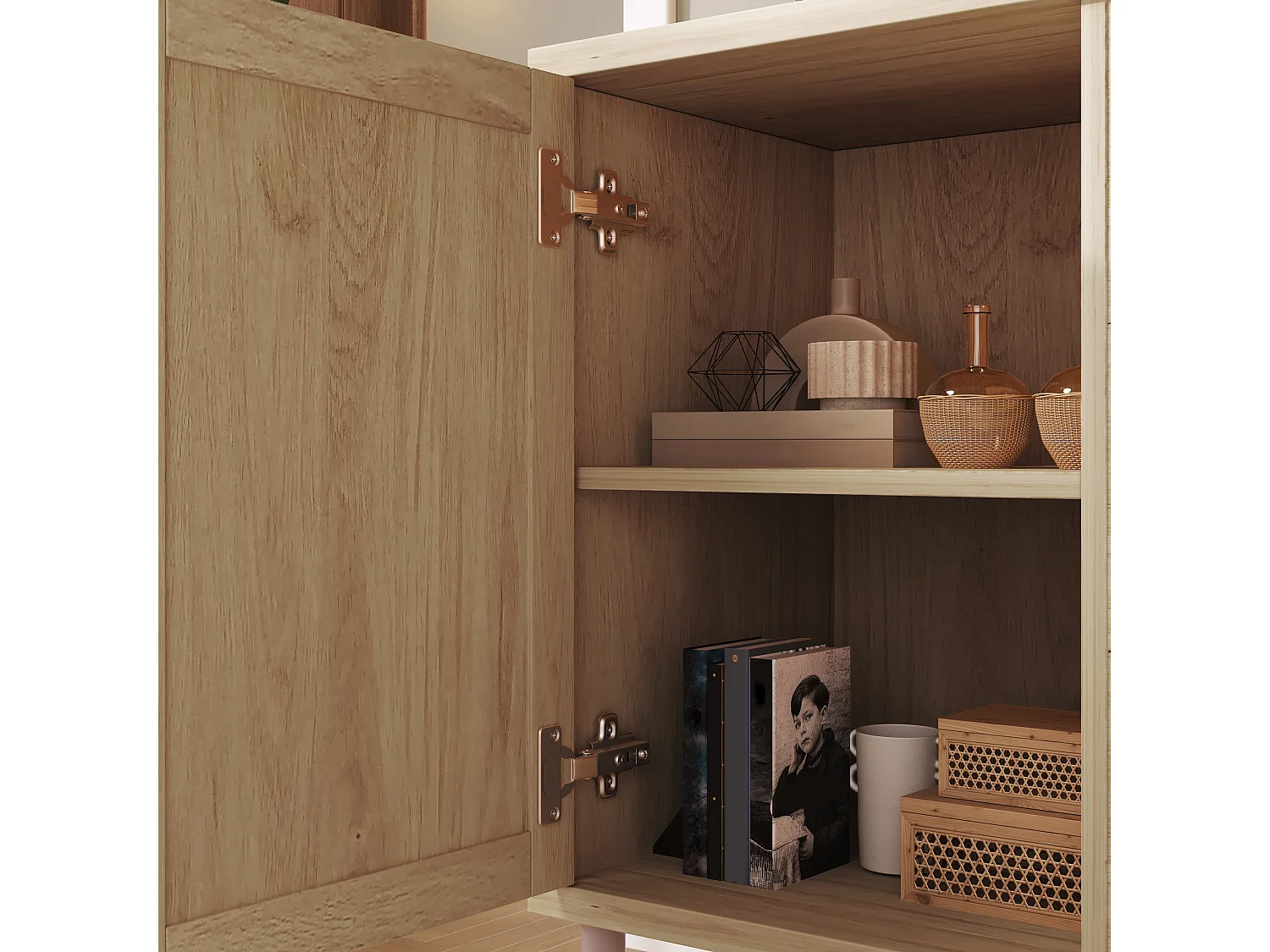 Buffet 120x40x70cm - avec 3 tiroirs et 2 portes - aspect rotin - style campagnard - avec des étagères réglables - couleur chêne