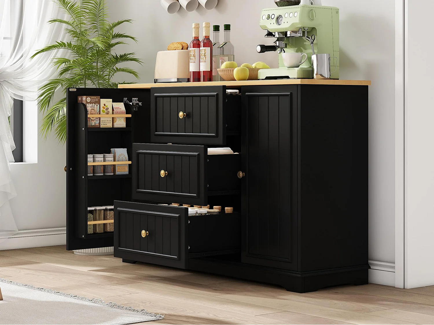 Buffet moderne 126x40x86cm - avec tiroirs et étagère à épices - avec 2 portes - Naturel + Noir