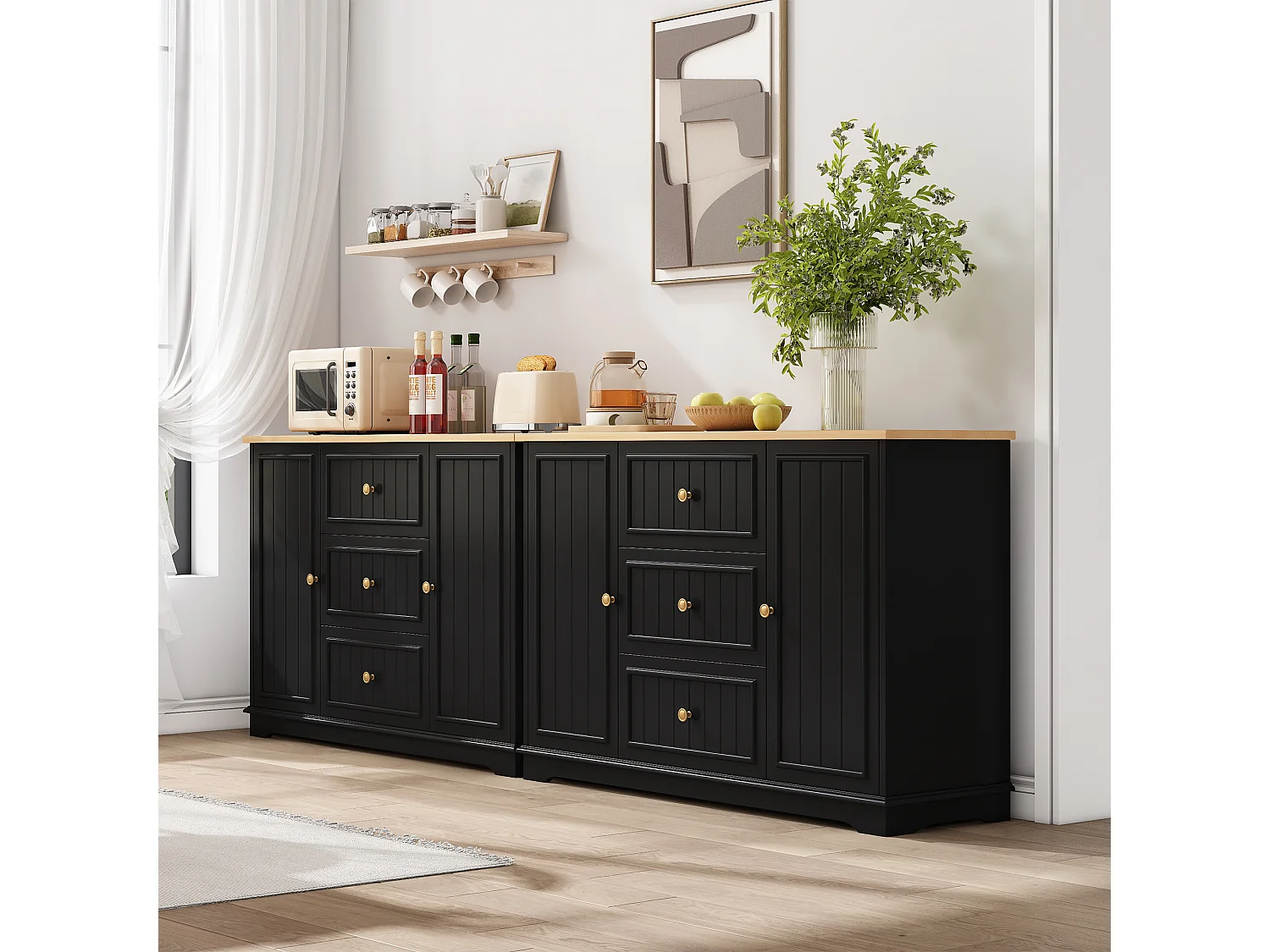 Buffet moderne 126x40x86cm - avec tiroirs et étagère à épices - avec 2 portes - Naturel + Noir