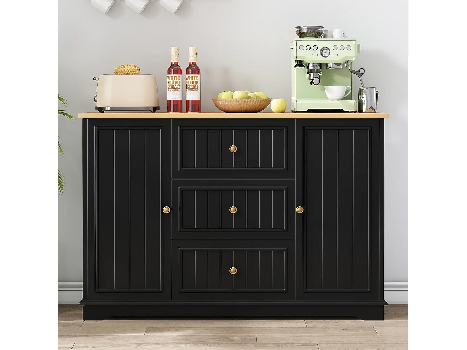 Buffet moderne 126x40x86cm - avec tiroirs et étagère à épices - avec 2 portes - Naturel + Noir