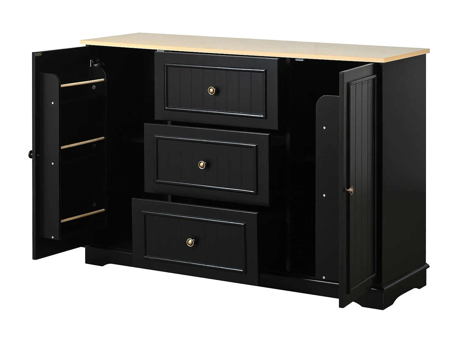 Buffet moderne 126x40x86cm - avec tiroirs et étagère à épices - avec 2 portes - Naturel + Noir