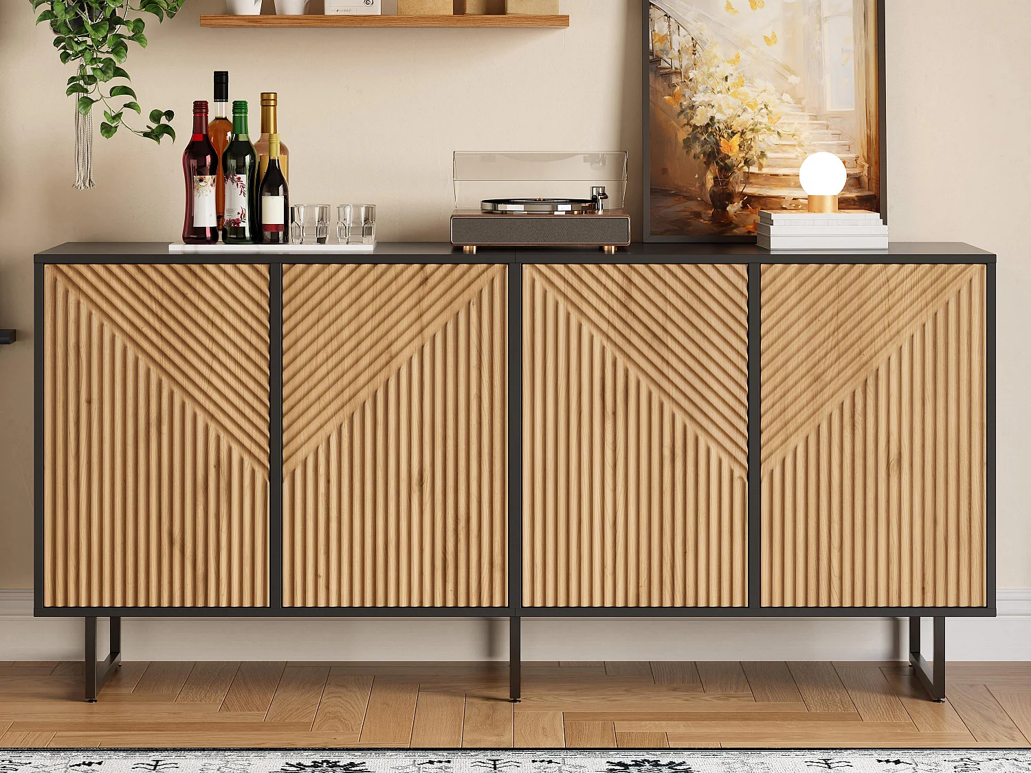 Buffet moderne 160x40x75 cm - 4 portes - Finition bois naturel - 3 pieds en fer - Panneaux de particules - Naturel