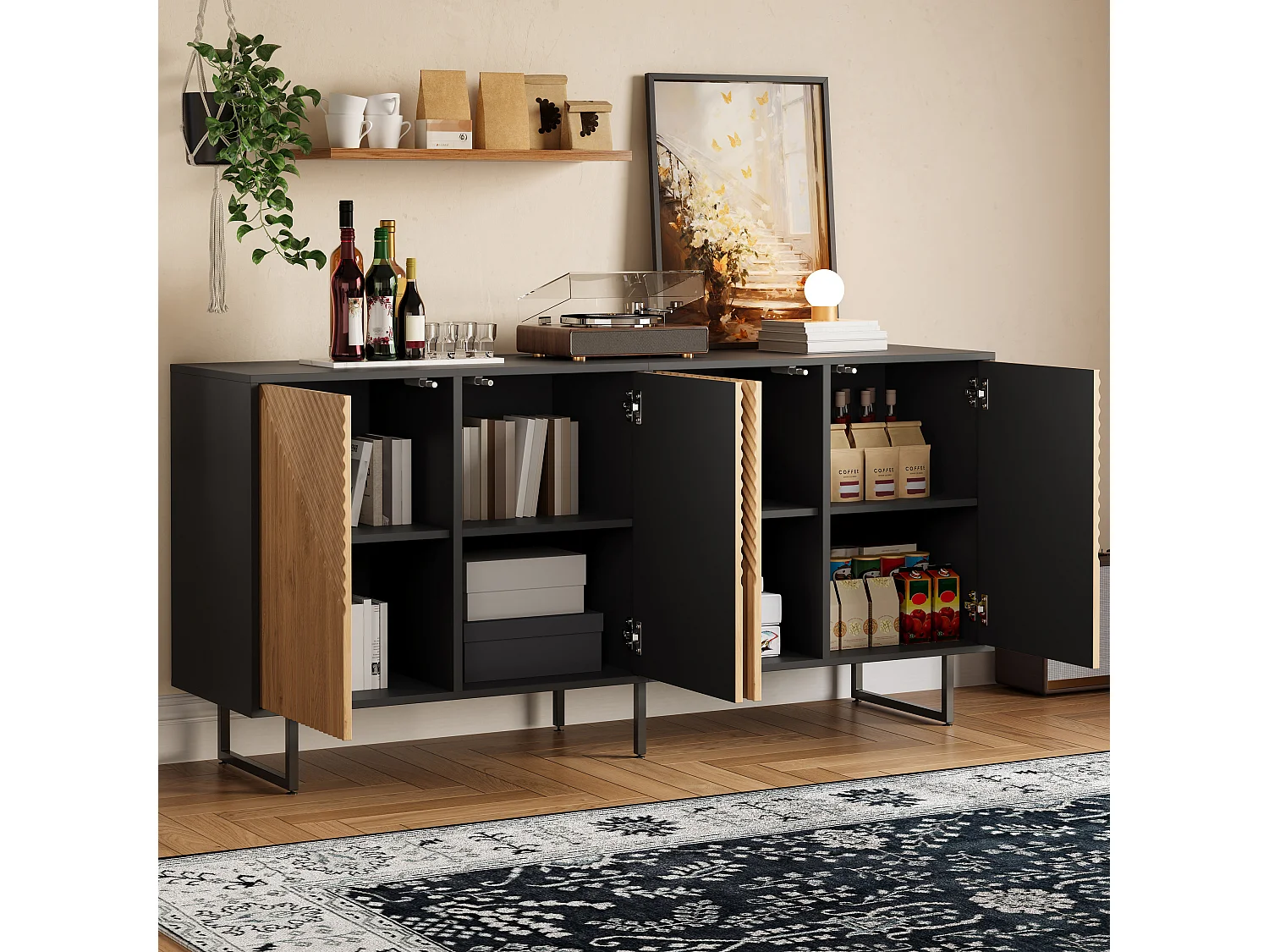 Buffet moderne 160x40x75 cm - 4 portes - Finition bois naturel - 3 pieds en fer - Panneaux de particules - Naturel