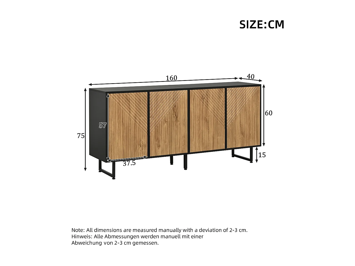 Buffet moderne 160x40x75 cm - 4 portes - Finition bois naturel - 3 pieds en fer - Panneaux de particules - Naturel