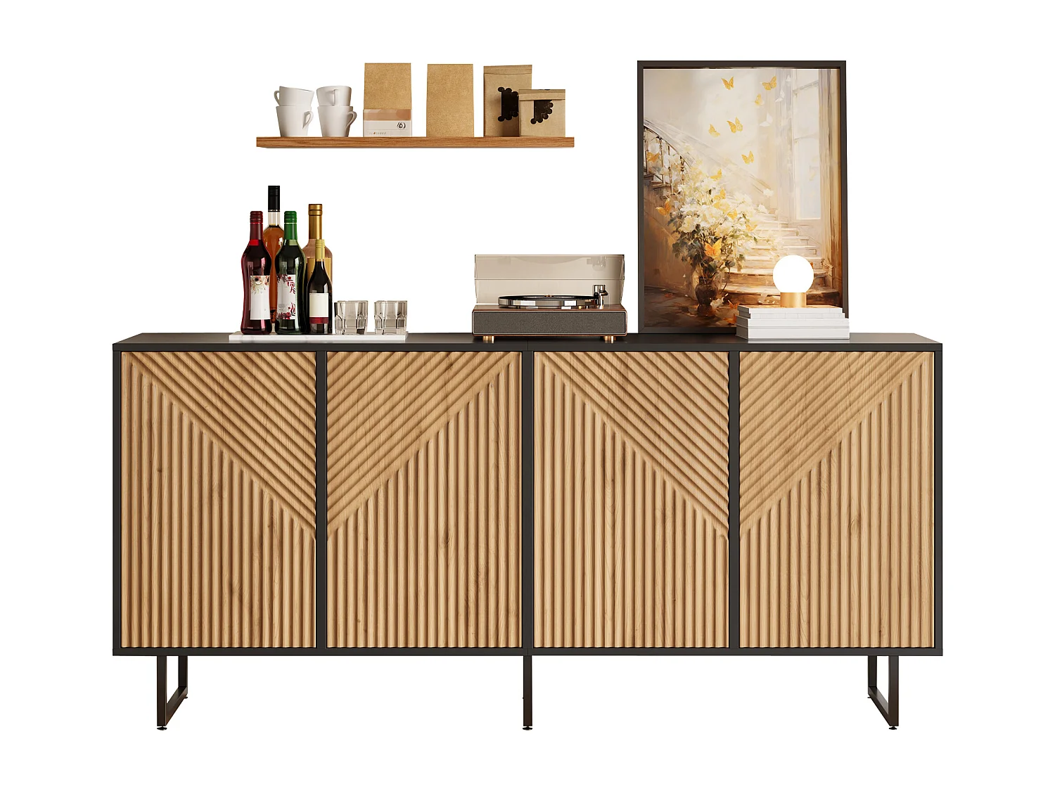 Buffet moderne 160x40x75 cm - 4 portes - Finition bois naturel - 3 pieds en fer - Panneaux de particules - Naturel