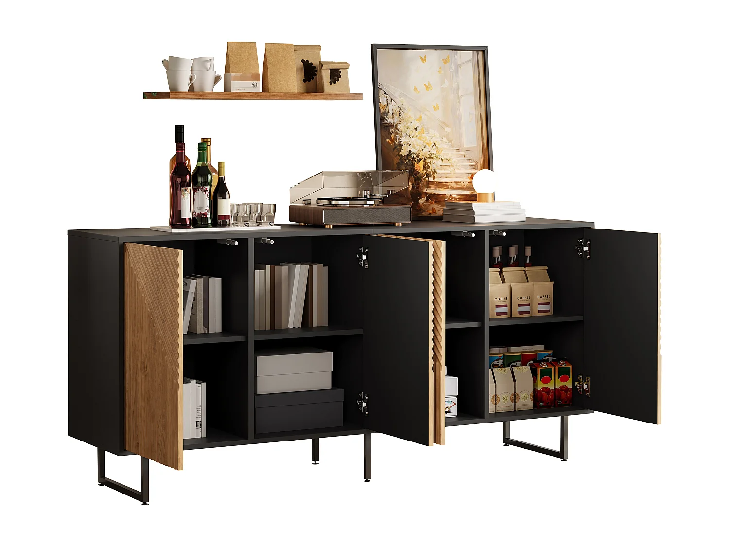 Buffet moderne 160x40x75 cm - 4 portes - Finition bois naturel - 3 pieds en fer - Panneaux de particules - Naturel