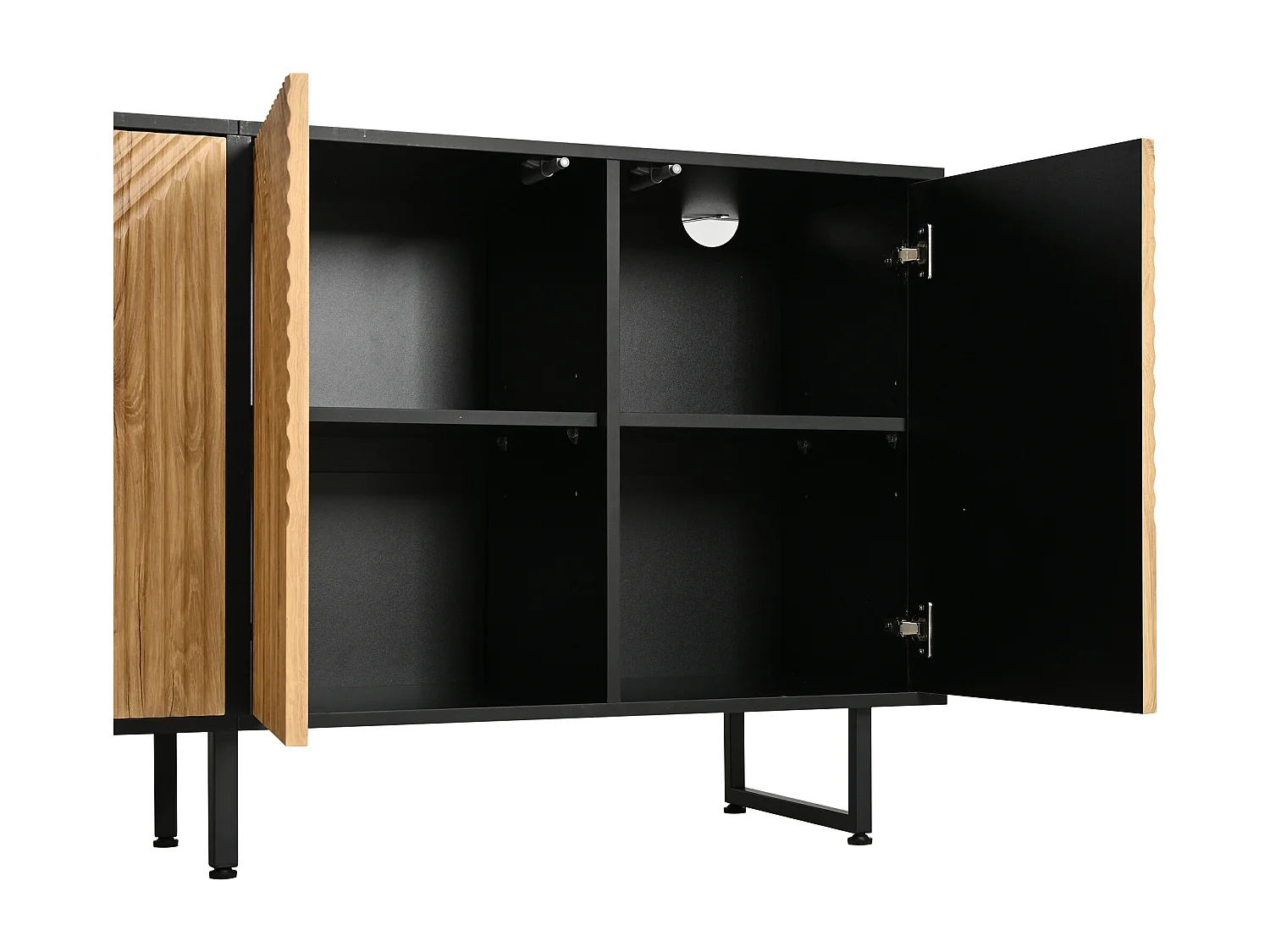 Buffet moderne 160x40x75 cm - 4 portes - Finition bois naturel - 3 pieds en fer - Panneaux de particules - Naturel