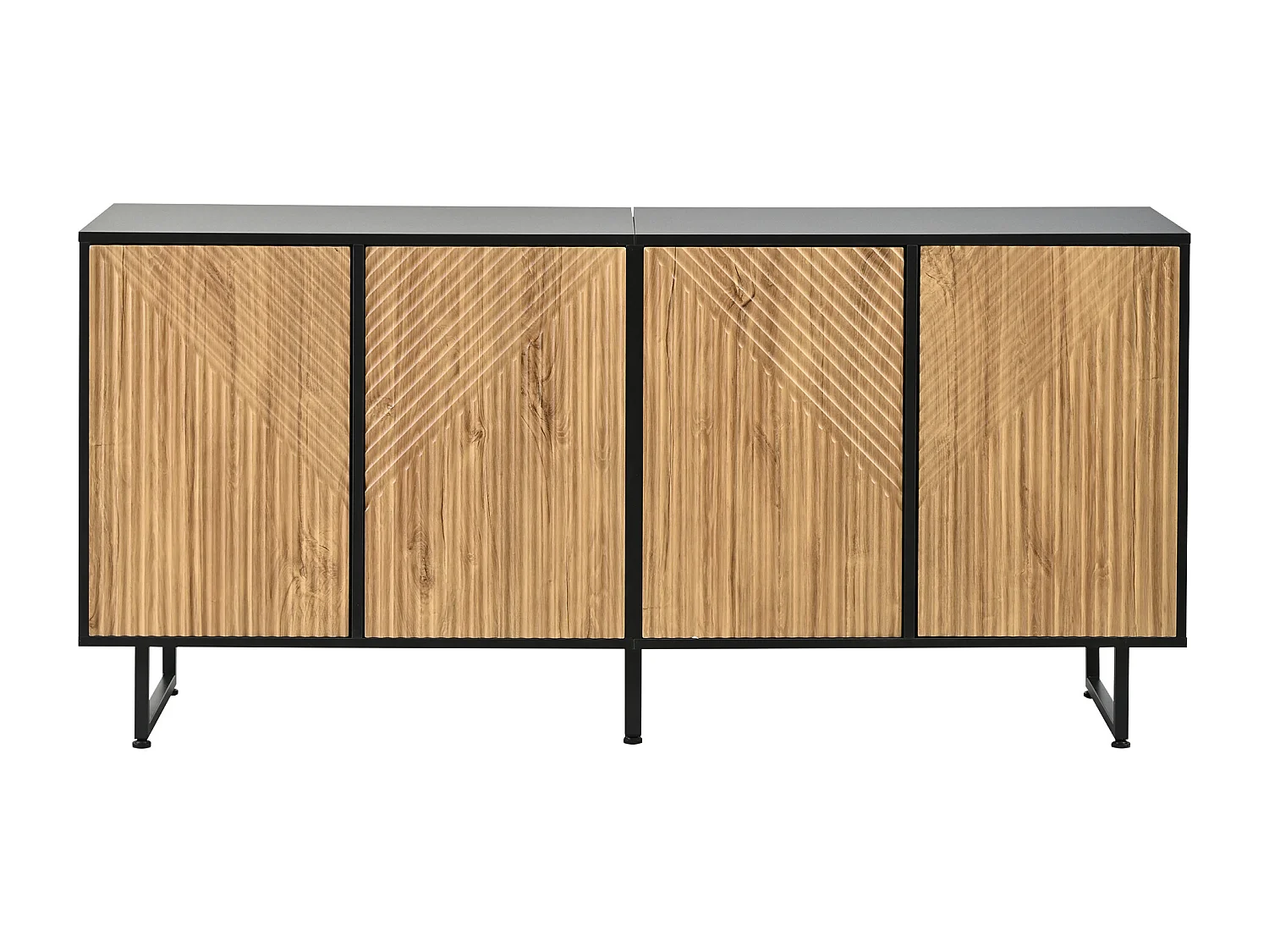 Buffet moderne 160x40x75 cm - 4 portes - Finition bois naturel - 3 pieds en fer - Panneaux de particules - Naturel