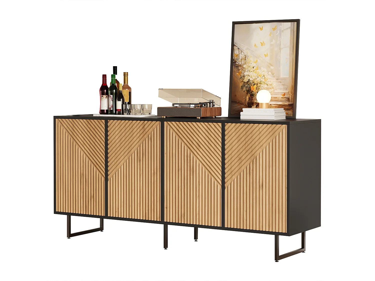 Buffet moderne 160x40x75 cm - 4 portes - Finition bois naturel - 3 pieds en fer - Panneaux de particules - Naturel