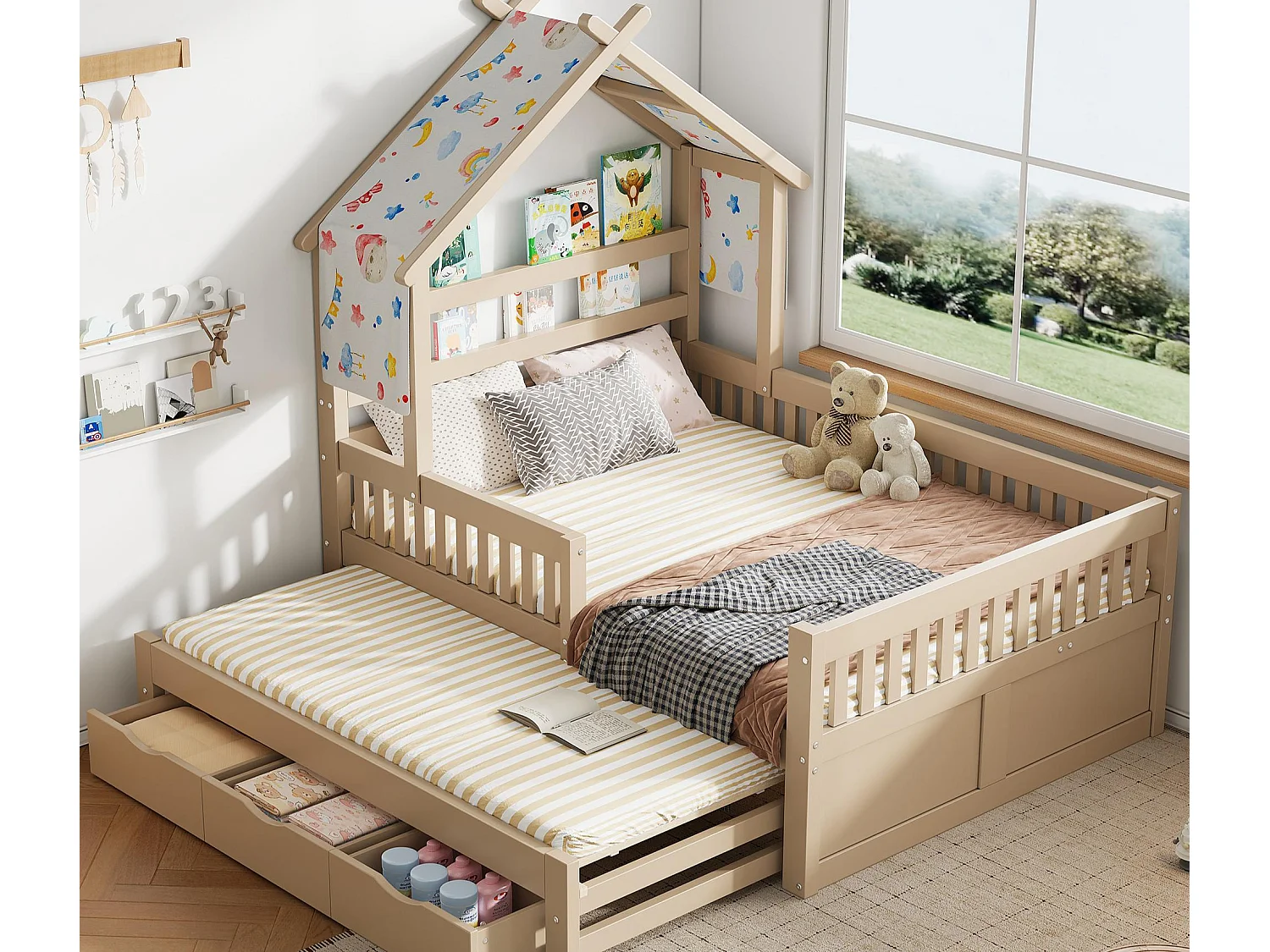 Haus-Bett aus Holz 140x200 cm - Mit herunterklappbarem Bettgestell und 3 Schubladen - Sicherheitsgitter - MDF+Kiefer - Natur​ (ohne Matratze)