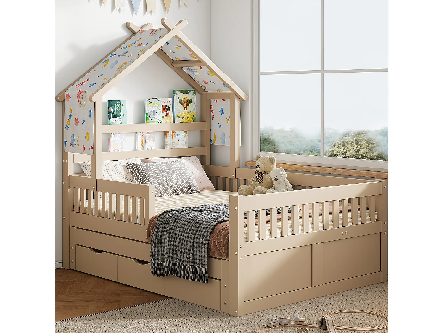 Haus-Bett aus Holz 140x200 cm - Mit herunterklappbarem Bettgestell und 3 Schubladen - Sicherheitsgitter - MDF+Kiefer - Natur​ (ohne Matratze)