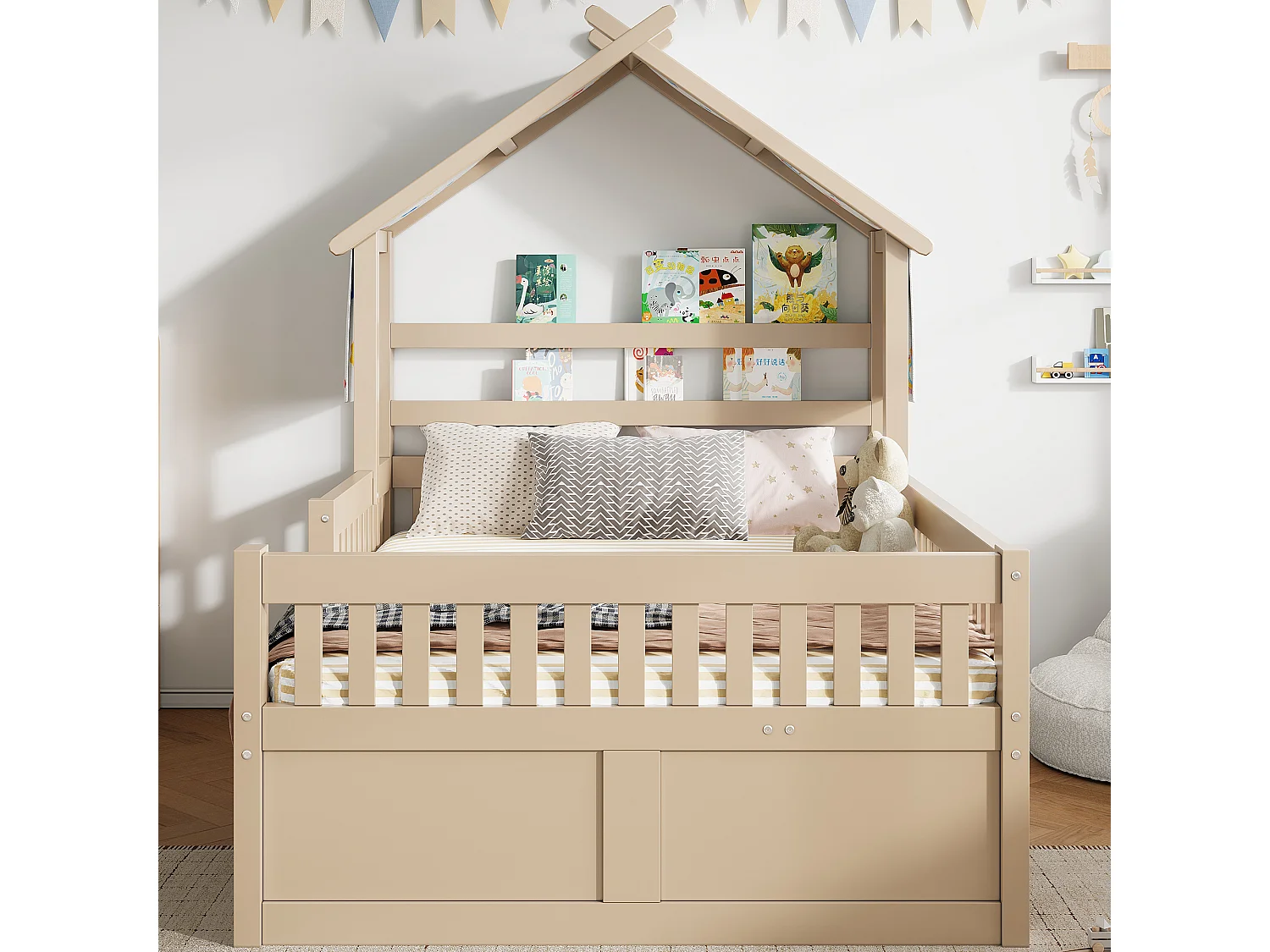 Haus-Bett aus Holz 140x200 cm - Mit herunterklappbarem Bettgestell und 3 Schubladen - Sicherheitsgitter - MDF+Kiefer - Natur​ (ohne Matratze)