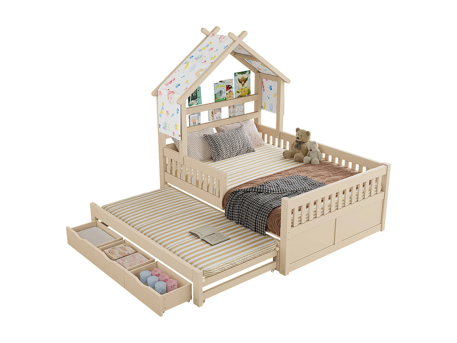 Haus-Bett aus Holz 140x200 cm - Mit herunterklappbarem Bettgestell und 3 Schubladen - Sicherheitsgitter - MDF+Kiefer - Natur​ (ohne Matratze)