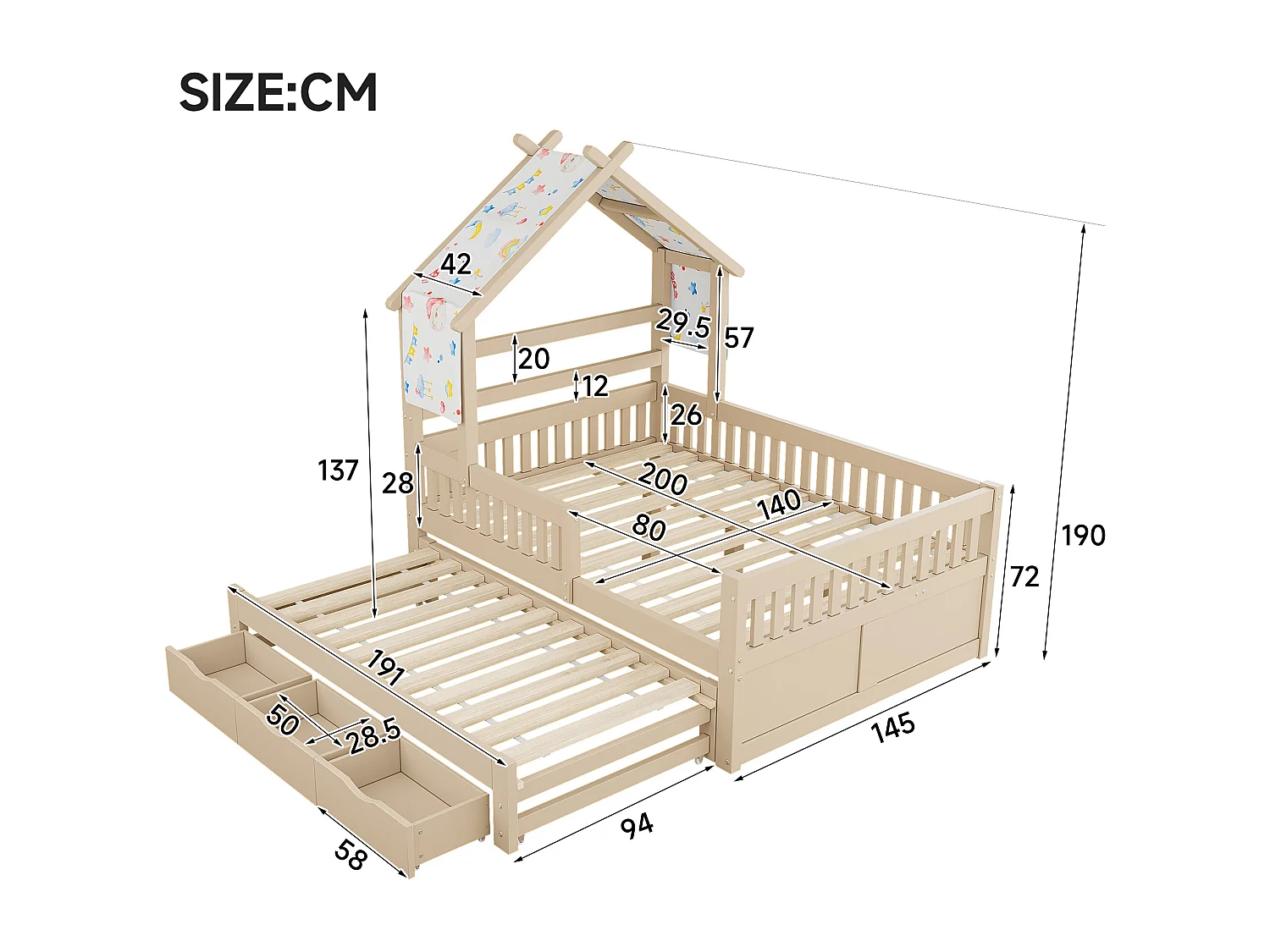 Haus-Bett aus Holz 140x200 cm - Mit herunterklappbarem Bettgestell und 3 Schubladen - Sicherheitsgitter - MDF+Kiefer - Natur​ (ohne Matratze)