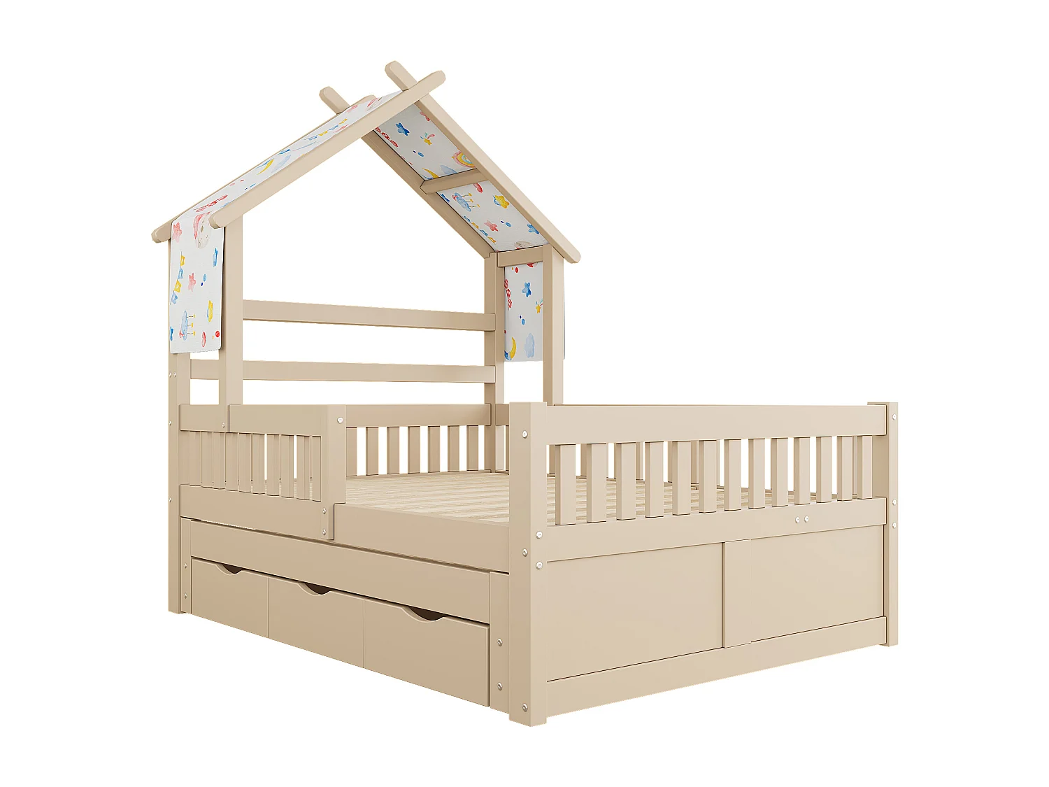 Haus-Bett aus Holz 140x200 cm - Mit herunterklappbarem Bettgestell und 3 Schubladen - Sicherheitsgitter - MDF+Kiefer - Natur​ (ohne Matratze)