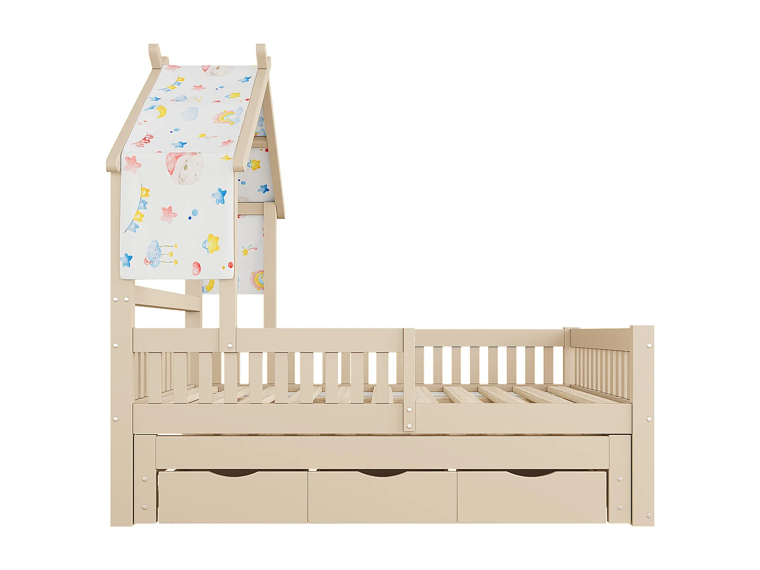 Haus-Bett aus Holz 140x200 cm - Mit herunterklappbarem Bettgestell und 3 Schubladen - Sicherheitsgitter - MDF+Kiefer - Natur​ (ohne Matratze)