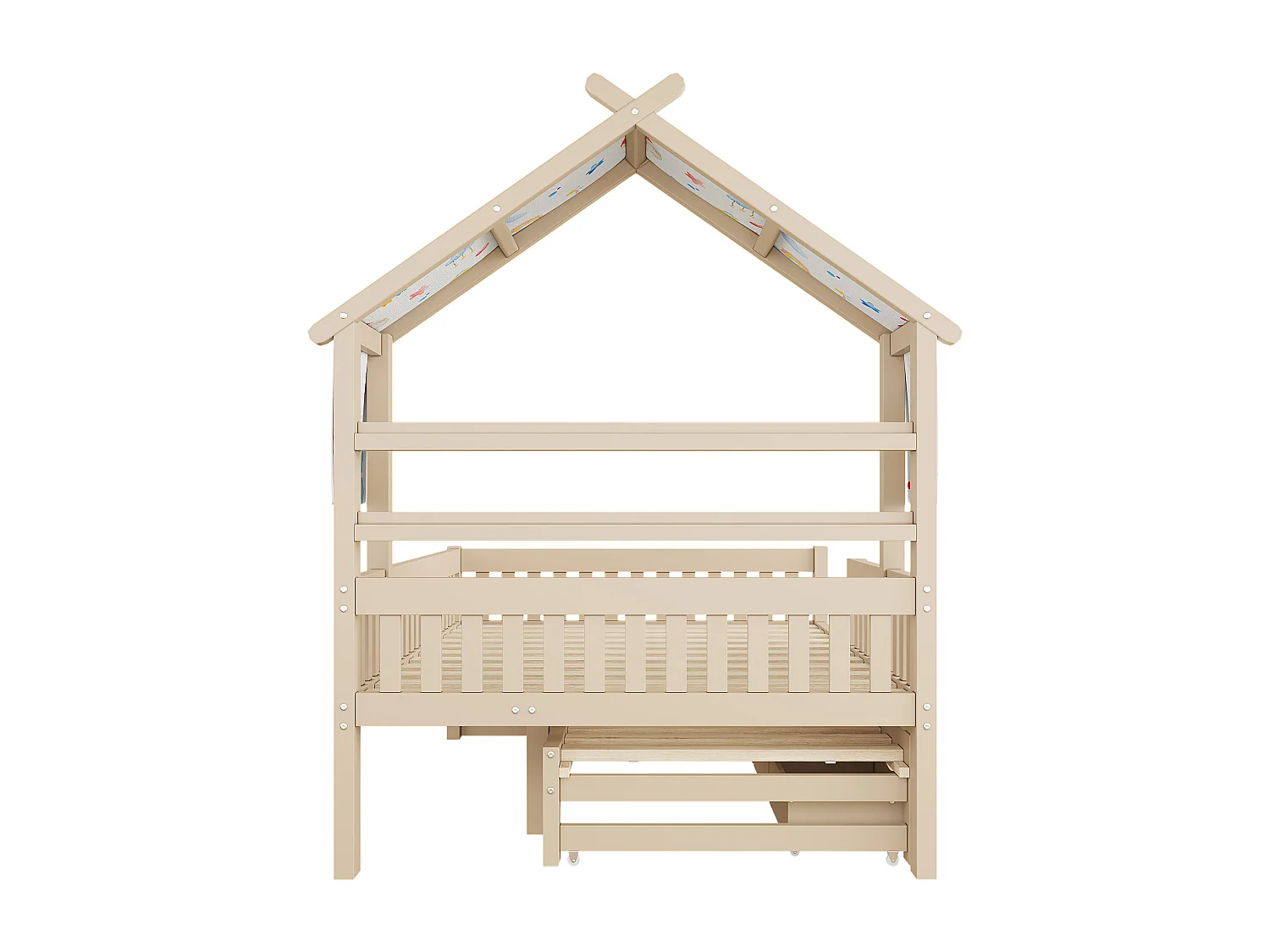 Haus-Bett aus Holz 140x200 cm - Mit herunterklappbarem Bettgestell und 3 Schubladen - Sicherheitsgitter - MDF+Kiefer - Natur​ (ohne Matratze)