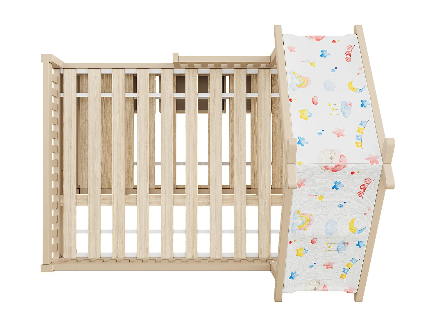 Haus-Bett aus Holz 140x200 cm - Mit herunterklappbarem Bettgestell und 3 Schubladen - Sicherheitsgitter - MDF+Kiefer - Natur​ (ohne Matratze)