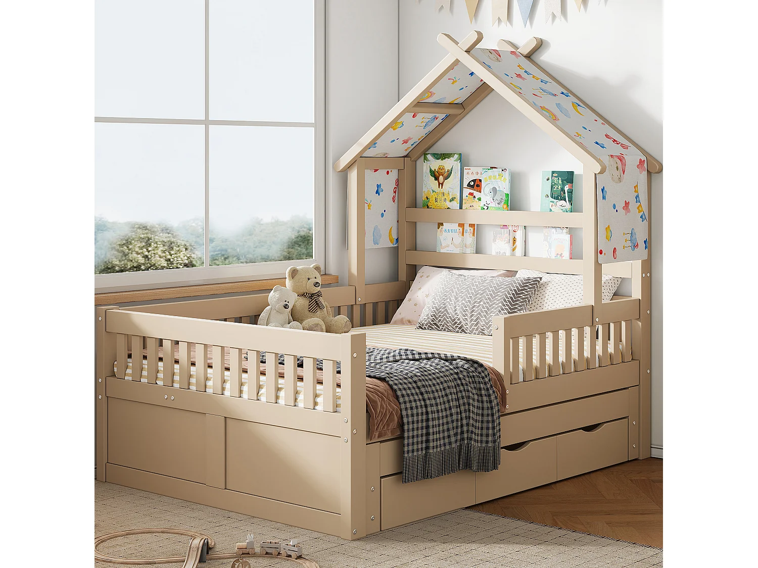 Haus-Bett aus Holz 140x200 cm - Mit herunterklappbarem Bettgestell und 3 Schubladen - Sicherheitsgitter - MDF+Kiefer - Natur​ (ohne Matratze)
