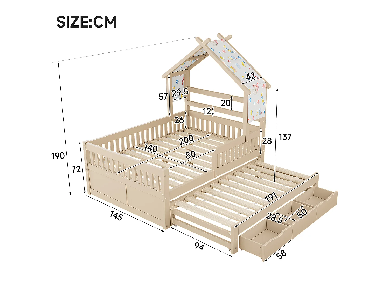 Haus-Bett aus Holz 140x200 cm - Mit herunterklappbarem Bettgestell und 3 Schubladen - Sicherheitsgitter - MDF+Kiefer - Natur​ (ohne Matratze)