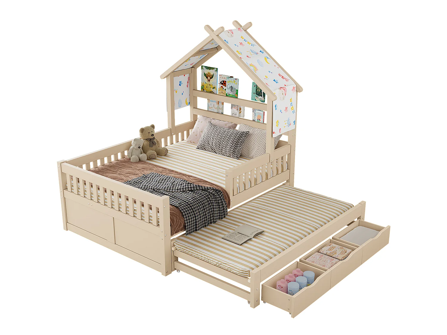 Haus-Bett aus Holz 140x200 cm - Mit herunterklappbarem Bettgestell und 3 Schubladen - Sicherheitsgitter - MDF+Kiefer - Natur​ (ohne Matratze)