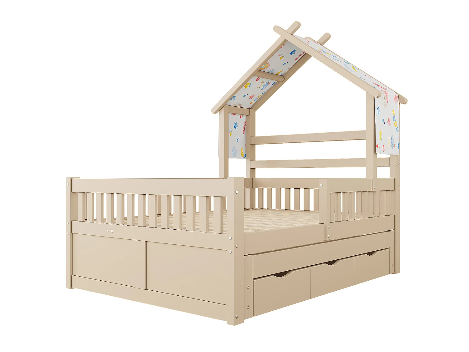 Haus-Bett aus Holz 140x200 cm - Mit herunterklappbarem Bettgestell und 3 Schubladen - Sicherheitsgitter - MDF+Kiefer - Natur​ (ohne Matratze)