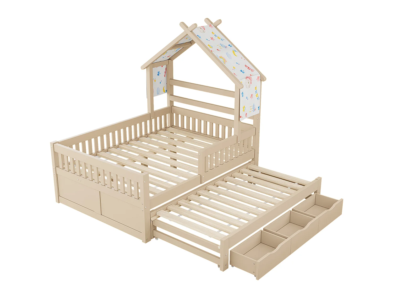 Haus-Bett aus Holz 140x200 cm - Mit herunterklappbarem Bettgestell und 3 Schubladen - Sicherheitsgitter - MDF+Kiefer - Natur​ (ohne Matratze)