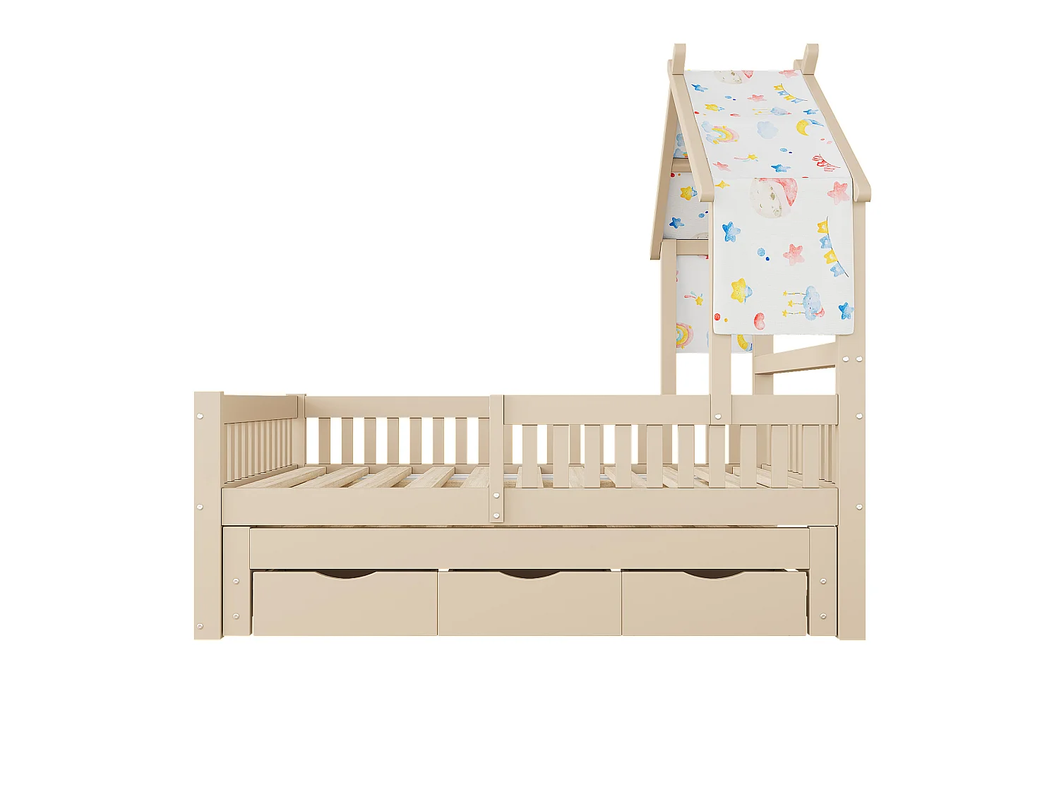 Haus-Bett aus Holz 140x200 cm - Mit herunterklappbarem Bettgestell und 3 Schubladen - Sicherheitsgitter - MDF+Kiefer - Natur​ (ohne Matratze)