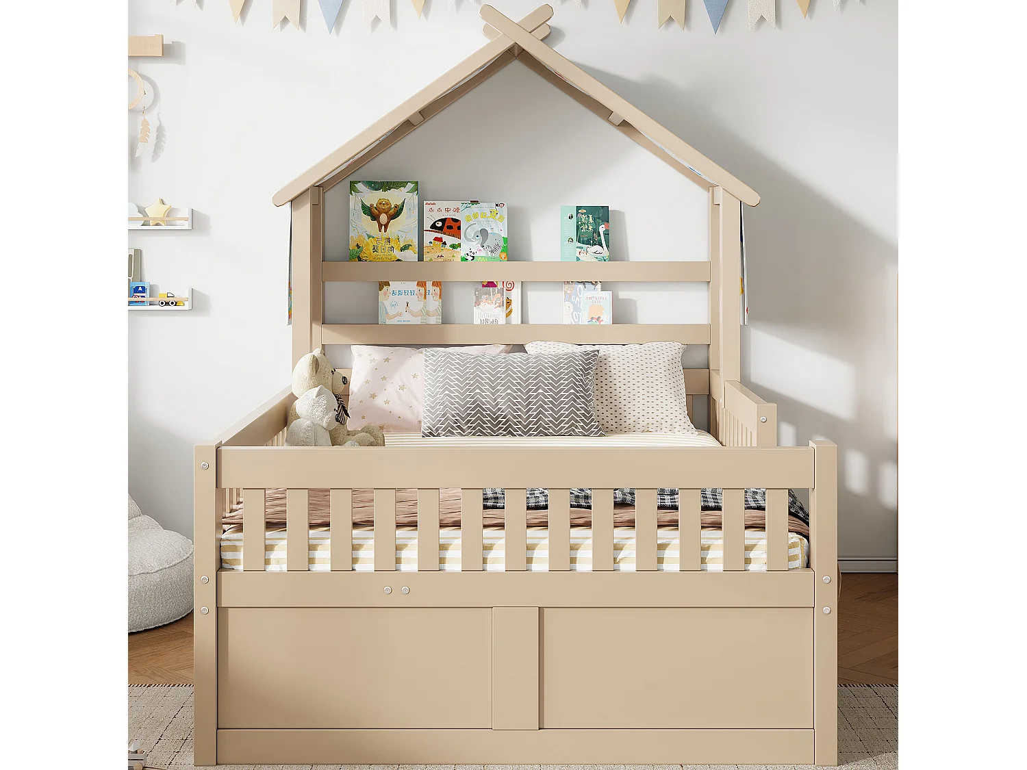 Haus-Bett aus Holz 140x200 cm - Mit herunterklappbarem Bettgestell und 3 Schubladen - Sicherheitsgitter - MDF+Kiefer - Natur​ (ohne Matratze)