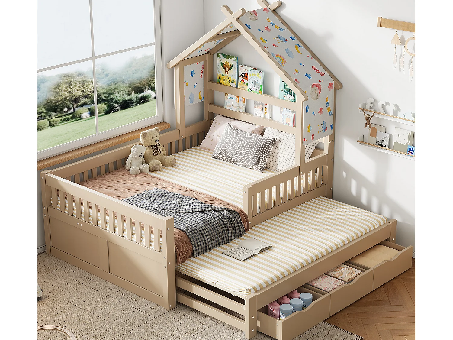 Haus-Bett aus Holz 140x200 cm - Mit herunterklappbarem Bettgestell und 3 Schubladen - Sicherheitsgitter - MDF+Kiefer - Natur​ (ohne Matratze)